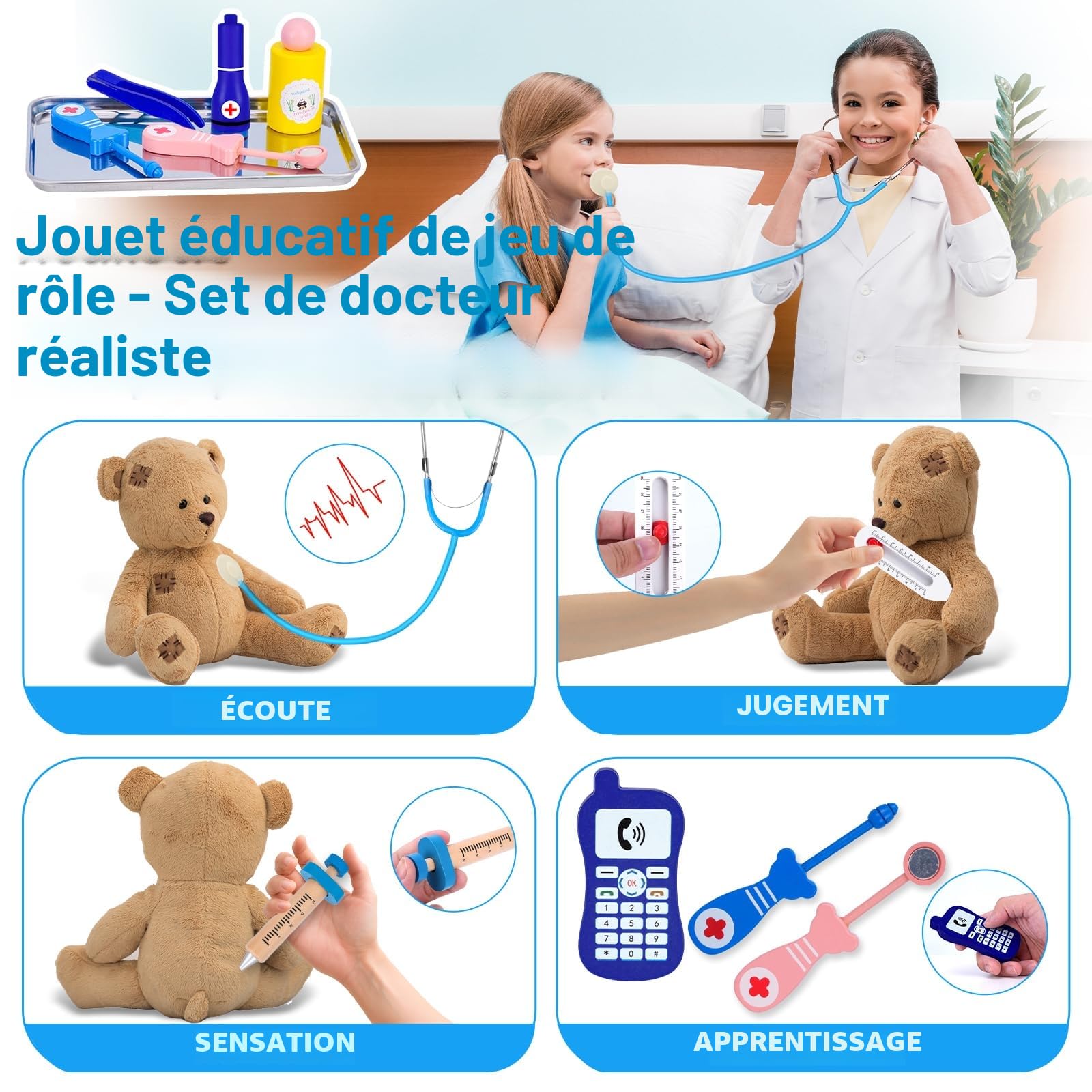 Malette Docteur Enfant, avec Véritable Stéthoscope, Thermomètre, Blouse de Médecin et Sac de Médecin Portable, Adapté Malette Docteur Enfant 3 Ans