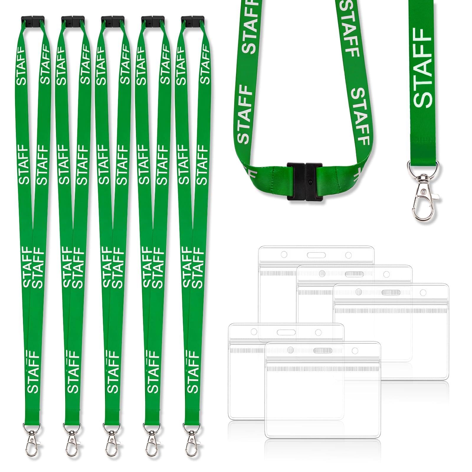 5 Pcs Green Staff Lanyards for Neck Lanyard with Card Holder Transparent Waterproof Breakaway Safety Id Badge Holder for Id Cards Holder