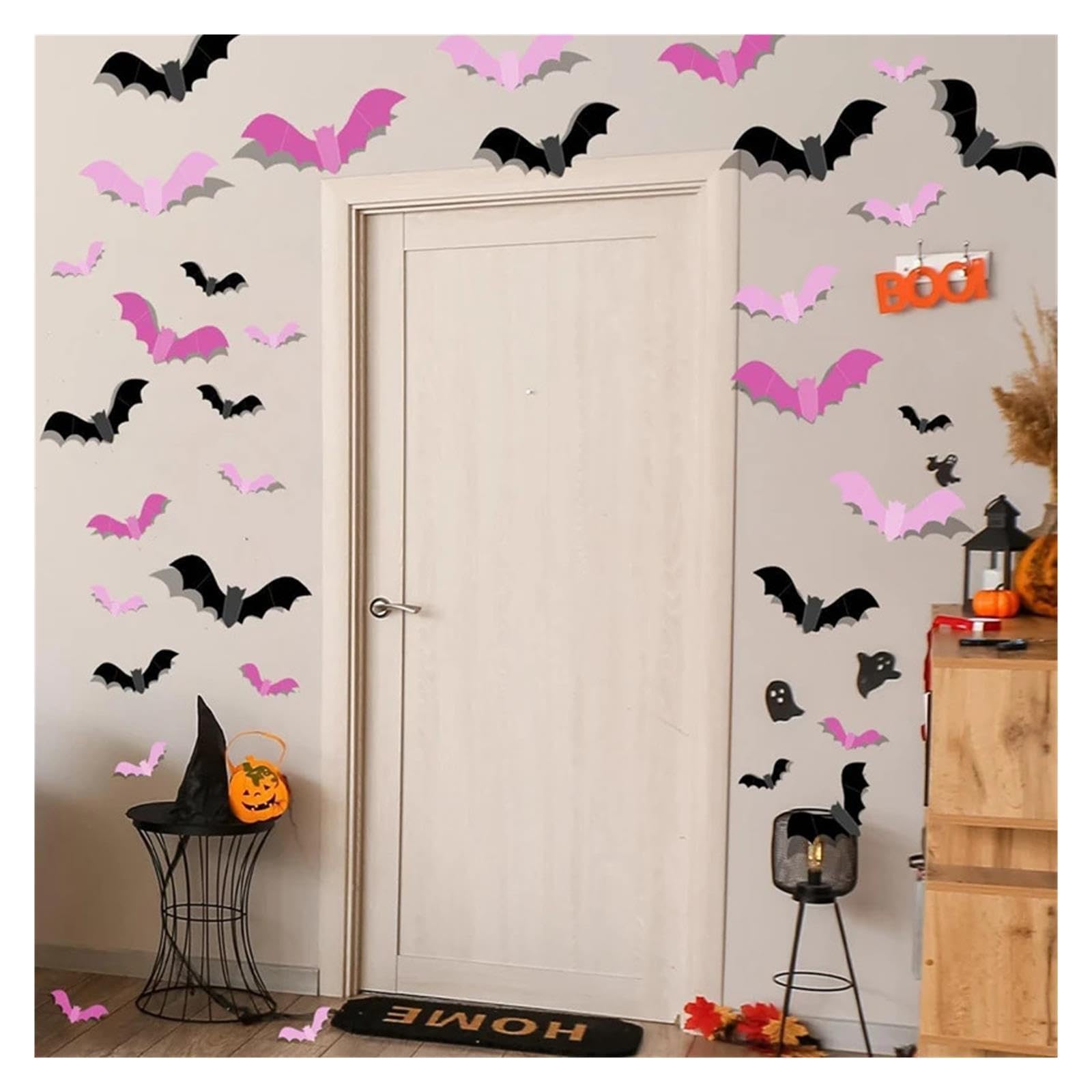 Adesivi 3D Pipistrelli Rosa Nero 48/96/192 Halloween Decorazione Finestra