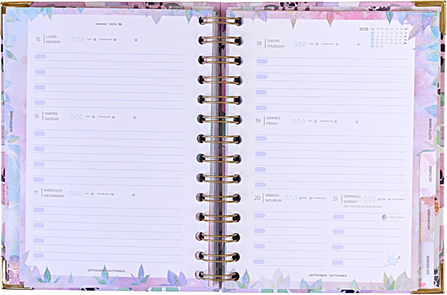 Agenda 2025 January to December - A5 (16.5x20.5 cm), Weekly Planner, Annual Organizer, Spanish and English, Monthly Side Index, Double Wire-o Binding - FSC Mix AEN-COC-000243 - Takenote Emma