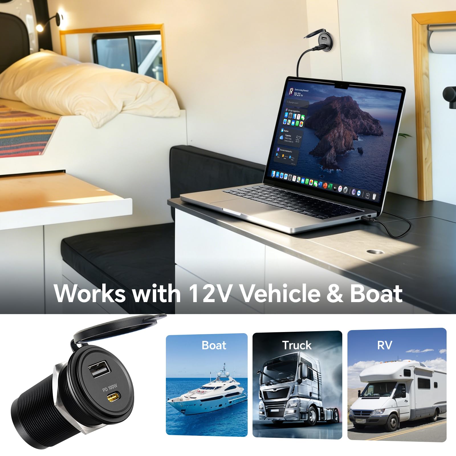 Złącze USB 12V dla campera z aluminium, ładowarka samochodowa, złącze USB C 100W PD3.0 USB-C i QC3.0 USB-A 18W wtyczka do laptopów, do autokarwan, przyczep kempingowych, łodzi, ciężarówek (2