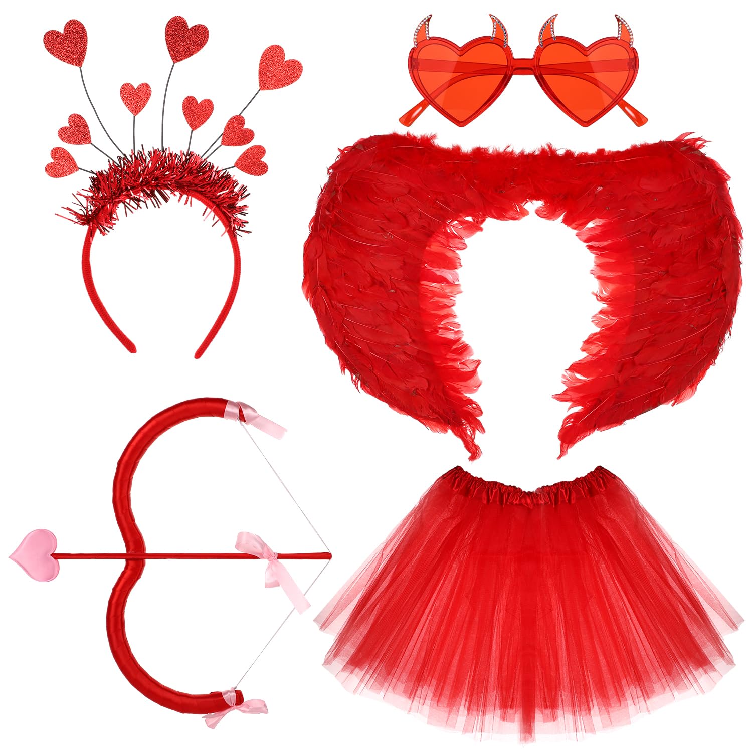BOXOB 6pcs Valentines Day Costume for Cupid Costume Accessories Including Feather Wings, Cupid Bow and Arrow, Tutu