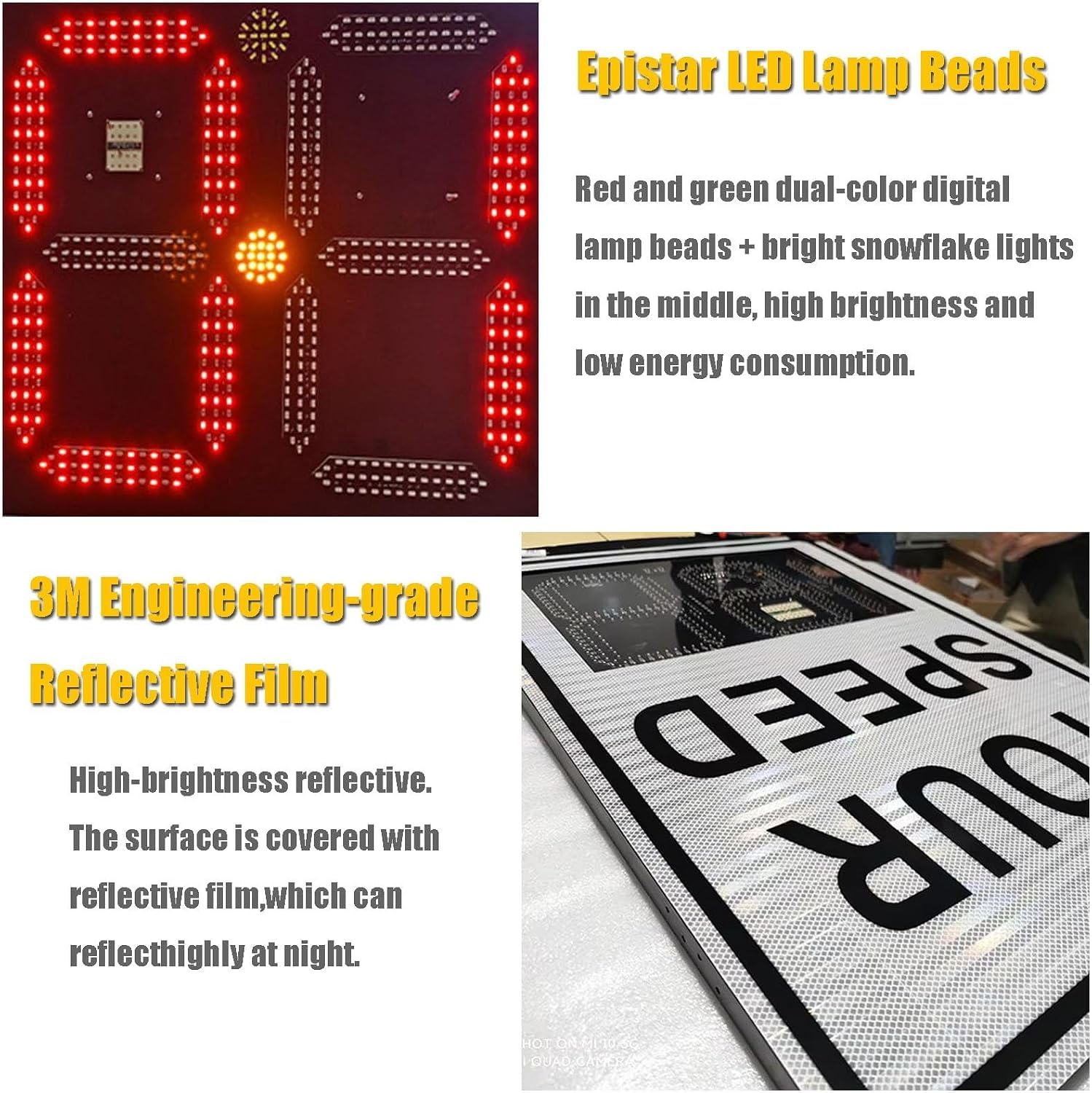 Panneaux De Limitation De Vitesse À LED Solaires Clignotants Améliorés, Film Réfléchissant 3m, Panneaux Radar en Aluminium Antirouille, Affichage White 60X75cm