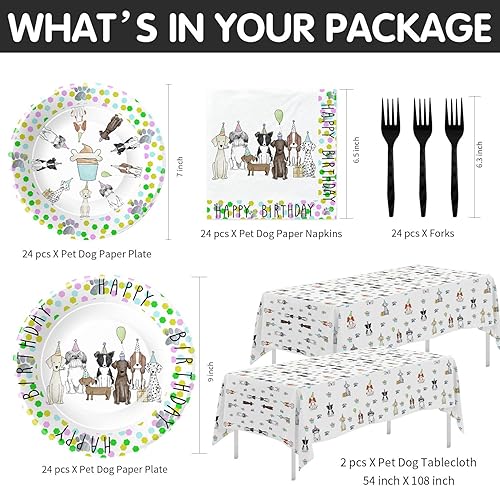 Miniatura 2 de Xigejob Platos y servilletas de cumpleaños de cachorros para perros, suministros para fiesta, vajilla, plato, servilleta, mantel, tenedores,