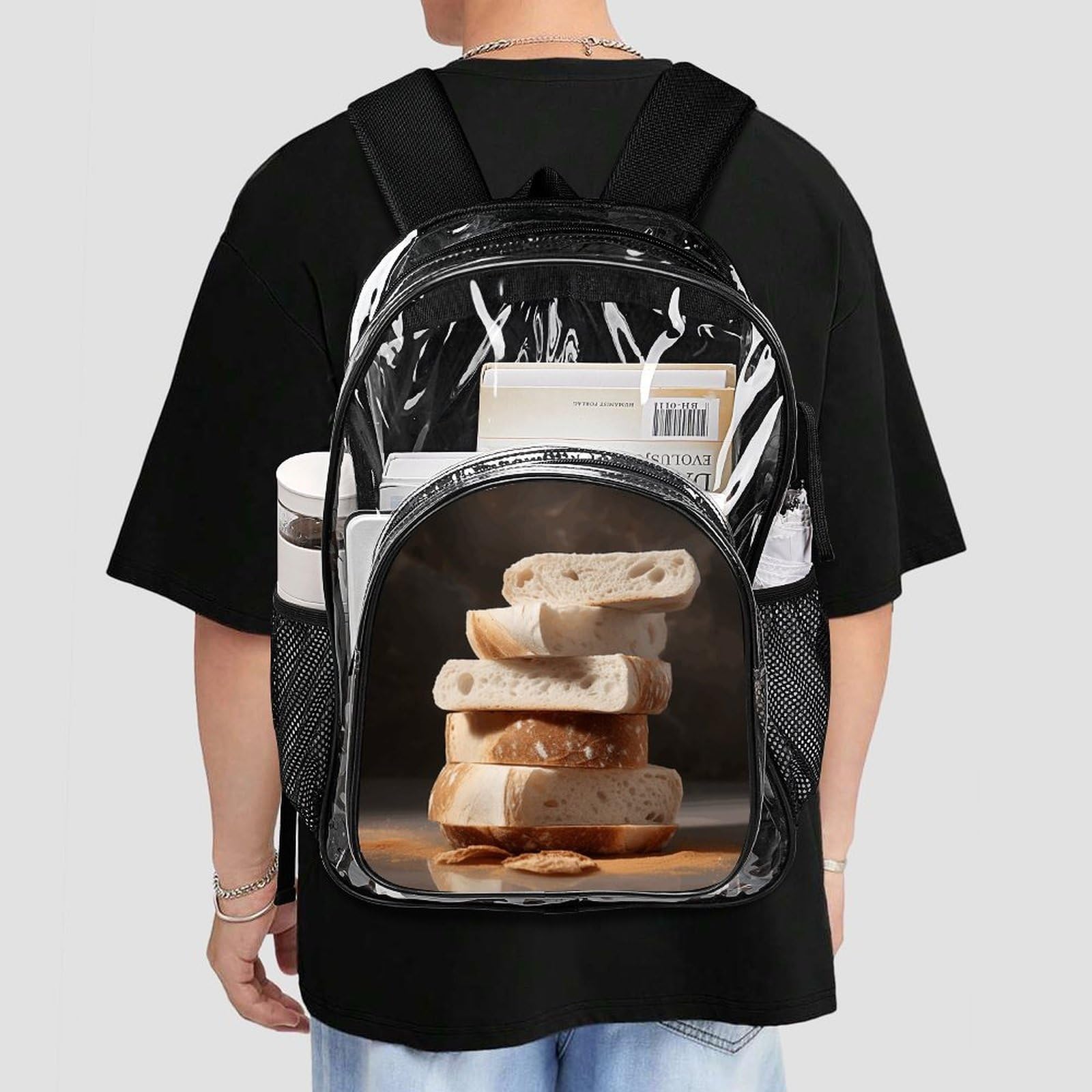 Transparenter Rucksack mit Brotscheiben, groß, transparent, PVC, Büchertasche für Sicherheit, Arbeit, Reisen, Stadion