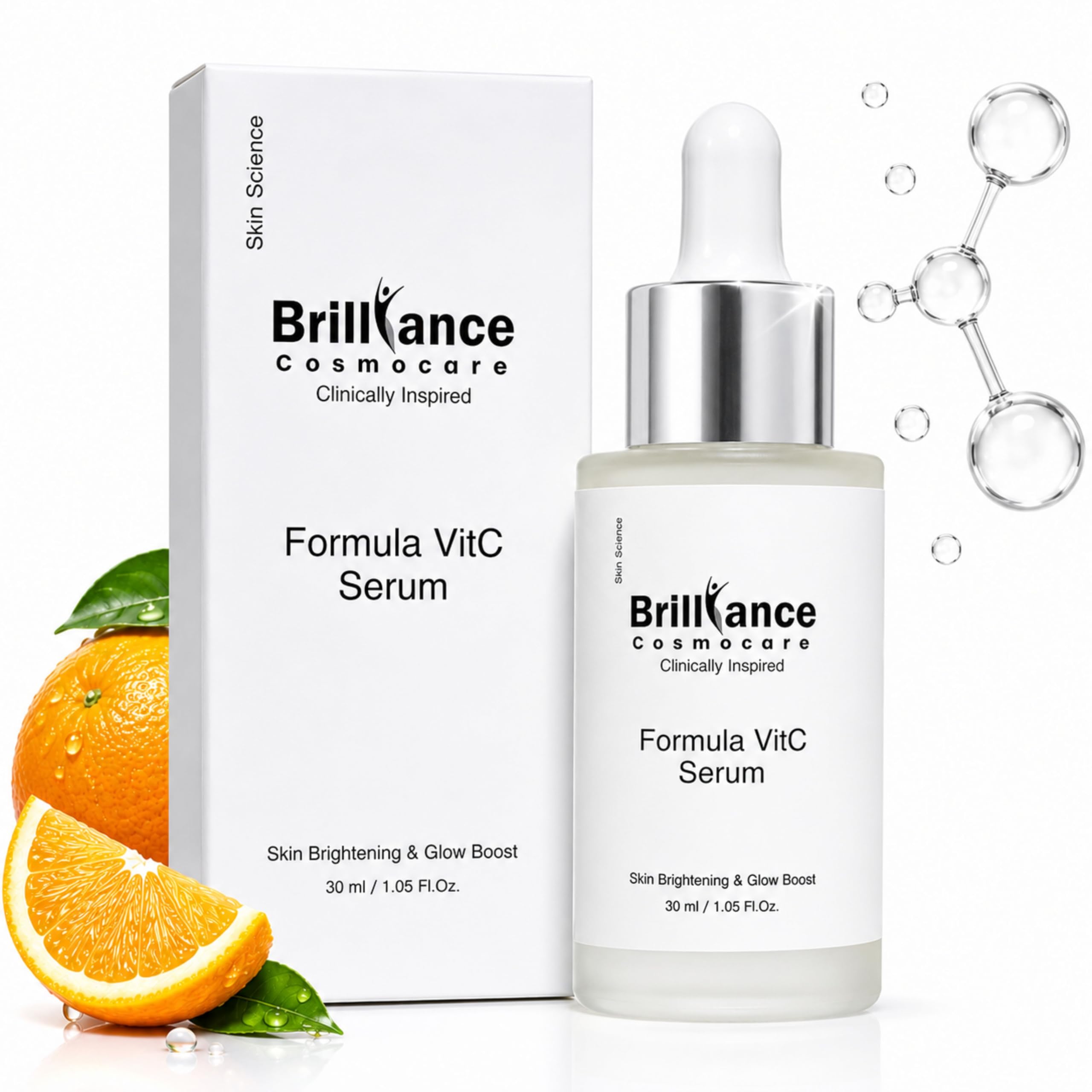 Brilliance Vitamin C Serum 20% + Hyaluronic Acid 2% + Niacinamide 5% 30ml | Dermatologist Tested Face Serum for Glowing Skin, Dark Spots, Pigmentation & UV Defence, Men & Women