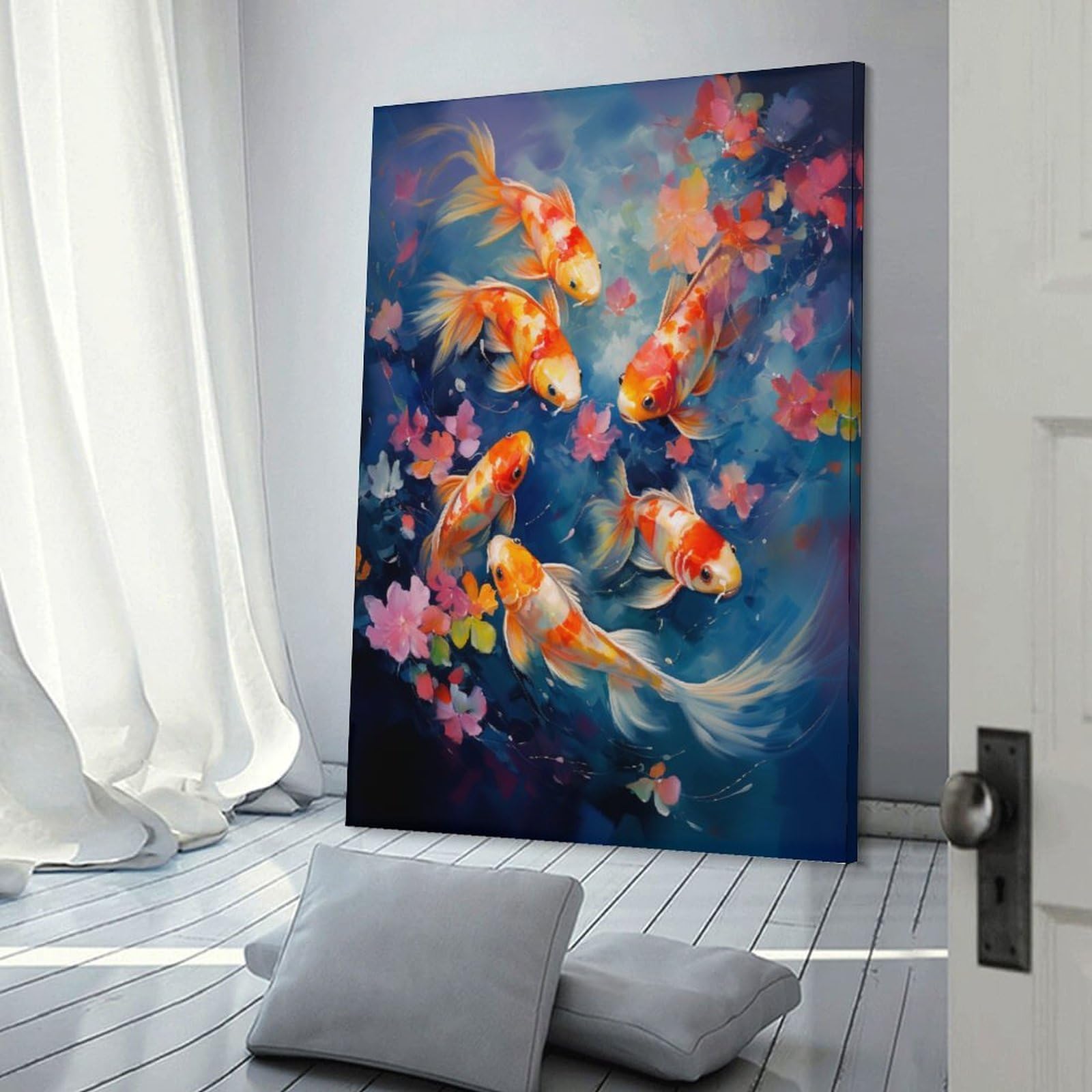 Junmoney Wall Art Print Colorful Koi Fish Painting, 24x36inch(60x90cm), for Contemporary Homes, Apartments Or Offices, An Easy Choice for New Home Styling