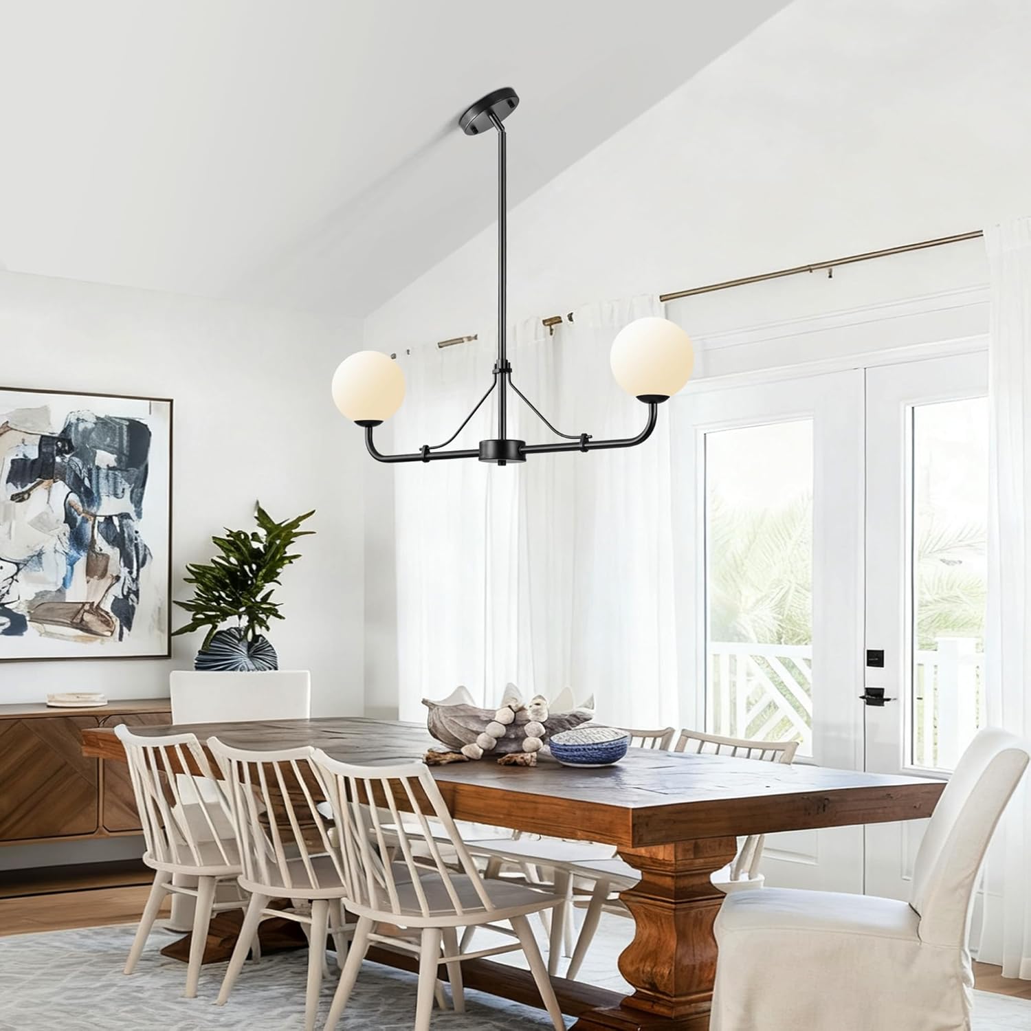 2 Lights Black Linear Chandelier, Mid Century Modern Kitchen Island Lighting, Dining Room Light Fixtures Over Table Hanging, Milk White Globe Glass Shade