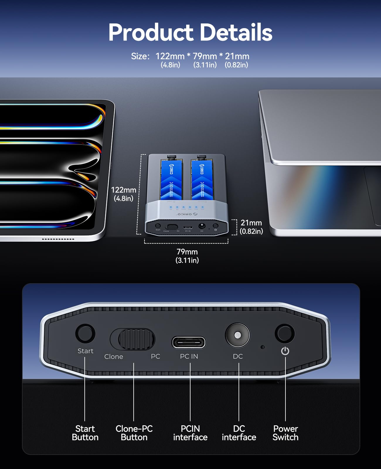 ORICO Carcasa para SSD M.2 NVMe de 20 Gbps, Estación de Acoplamiento M.2 NVMe de Dos Bahías, Base de Acoplamiento NVMe para SSD PCIe NVMe con Conector M, Compatible con Clonación sin Conexión y UASP