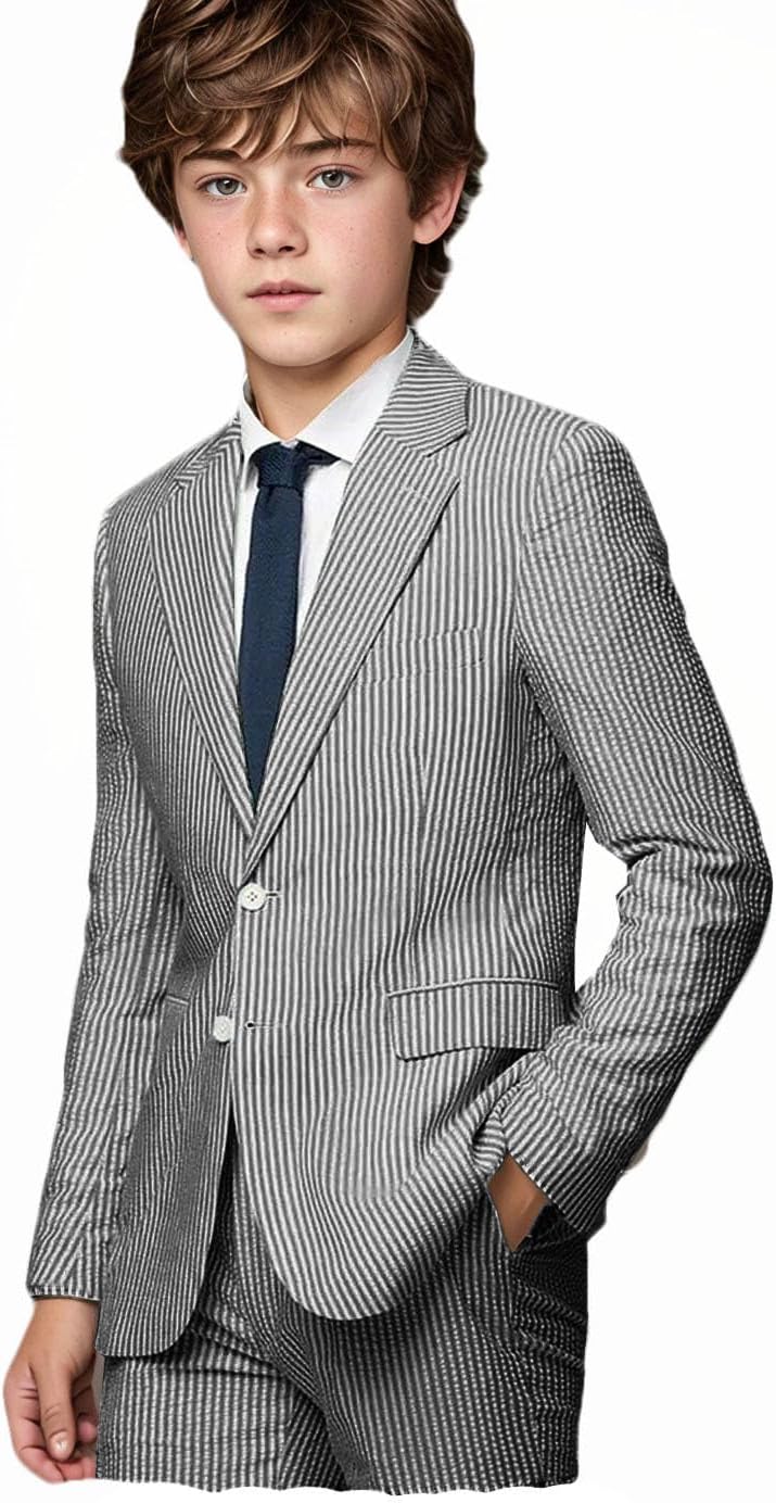 VENNYNG Boys 2Pcs Thin Striped Seersucker Suits Kids Jacket Pants Wedding Homecoming Wear Blazer