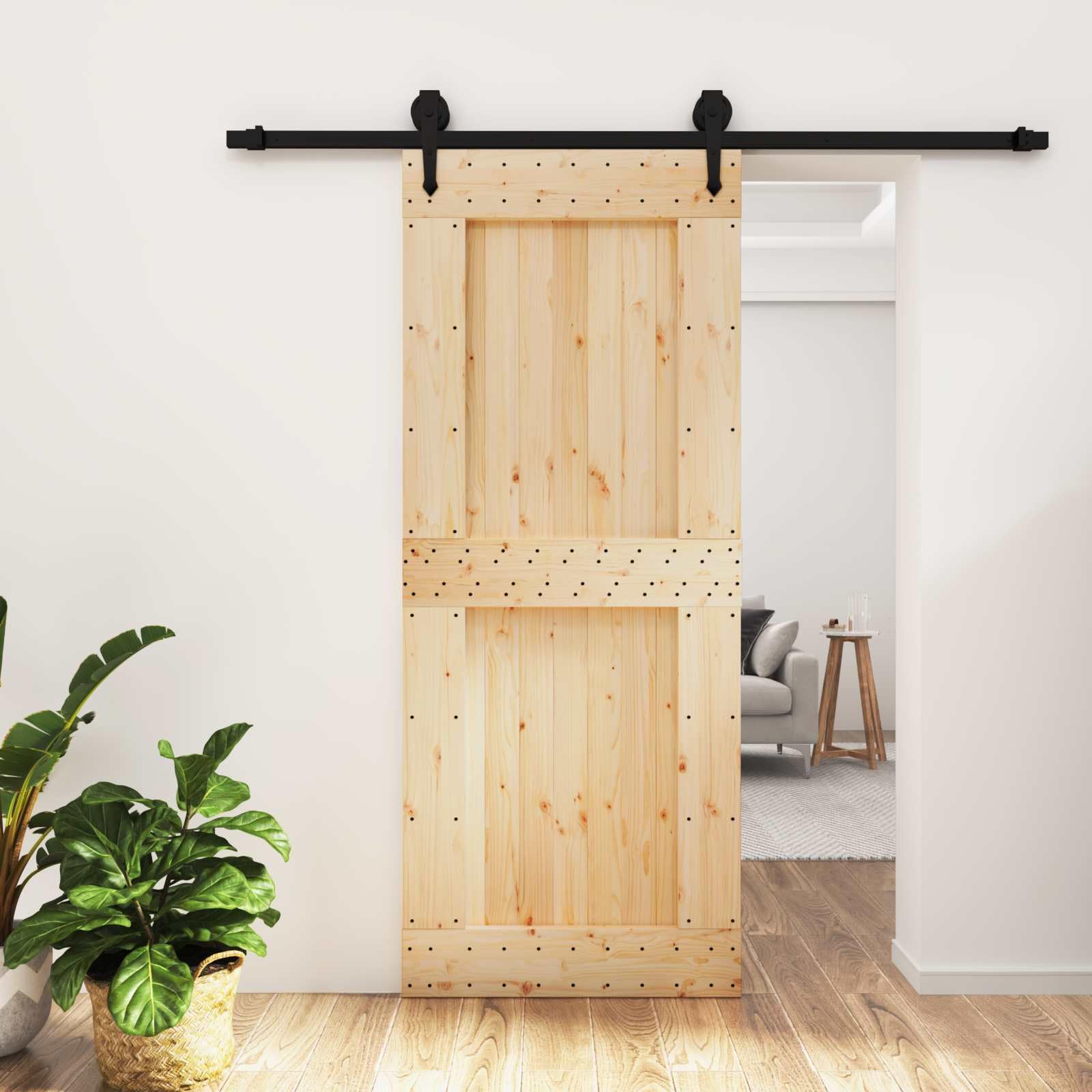 Drzwi przesuwne z drewna sosnowego 85 x 210 cm ze stalową szyną