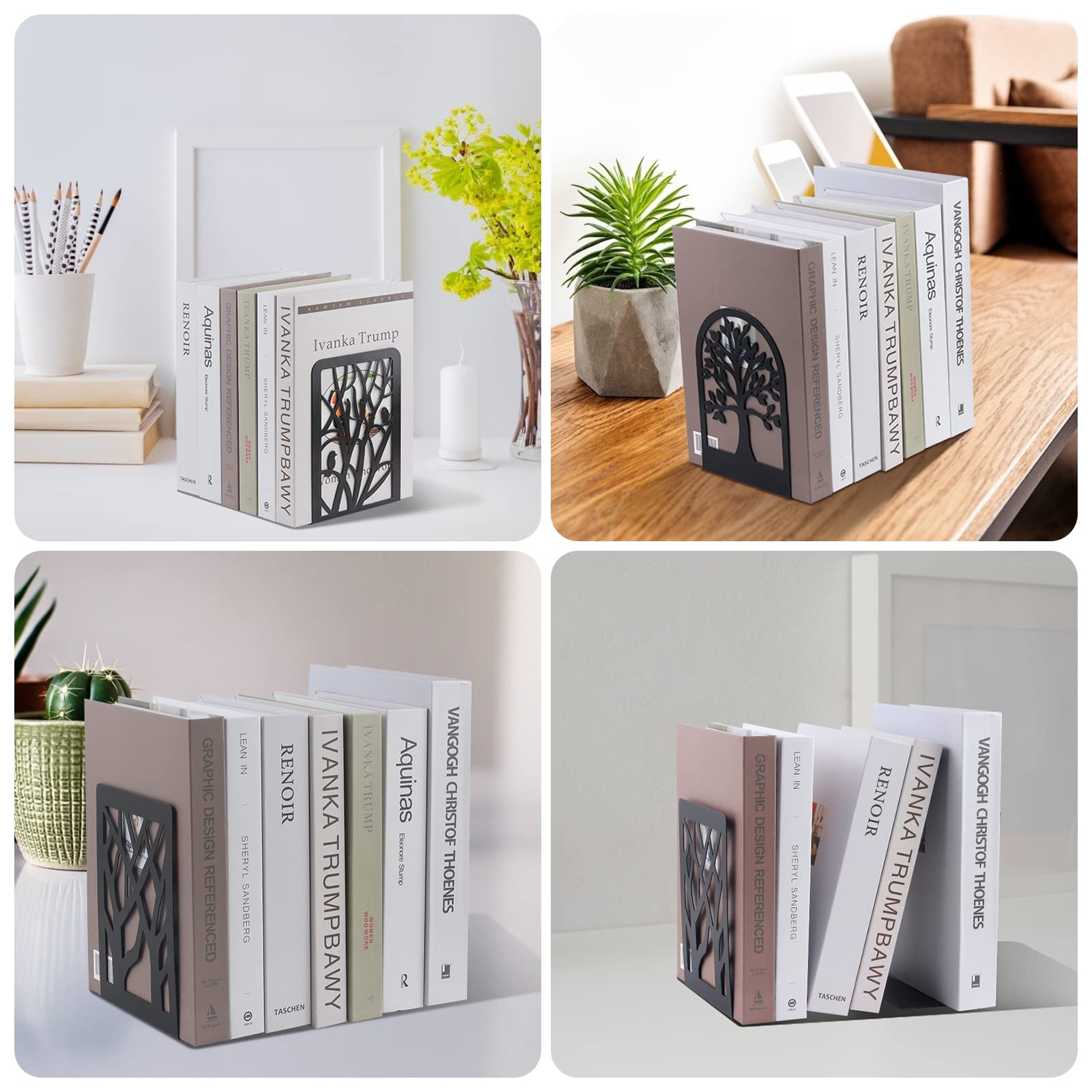Buchstützen aus Metall, Baumschatten-Design, Glücksbaum-Design und ruhender Vogel-Design, dekorative Buchstützen, schwarz, 3 Paar