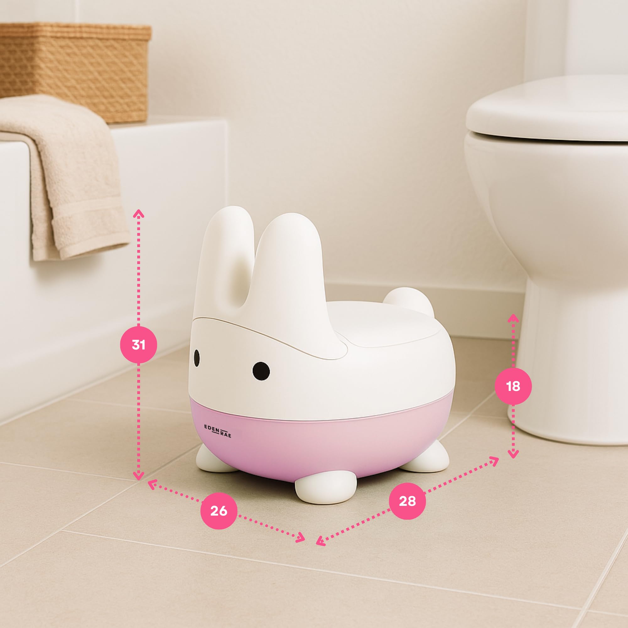 Eden Rae Orinal para niños – Inodoro para bebé, Potty, baño infantil y baño infantil con tapa y diseño de conejo, sin BPA, a partir de 1 año, con libro electrónico y tarjeta de recompensa para el