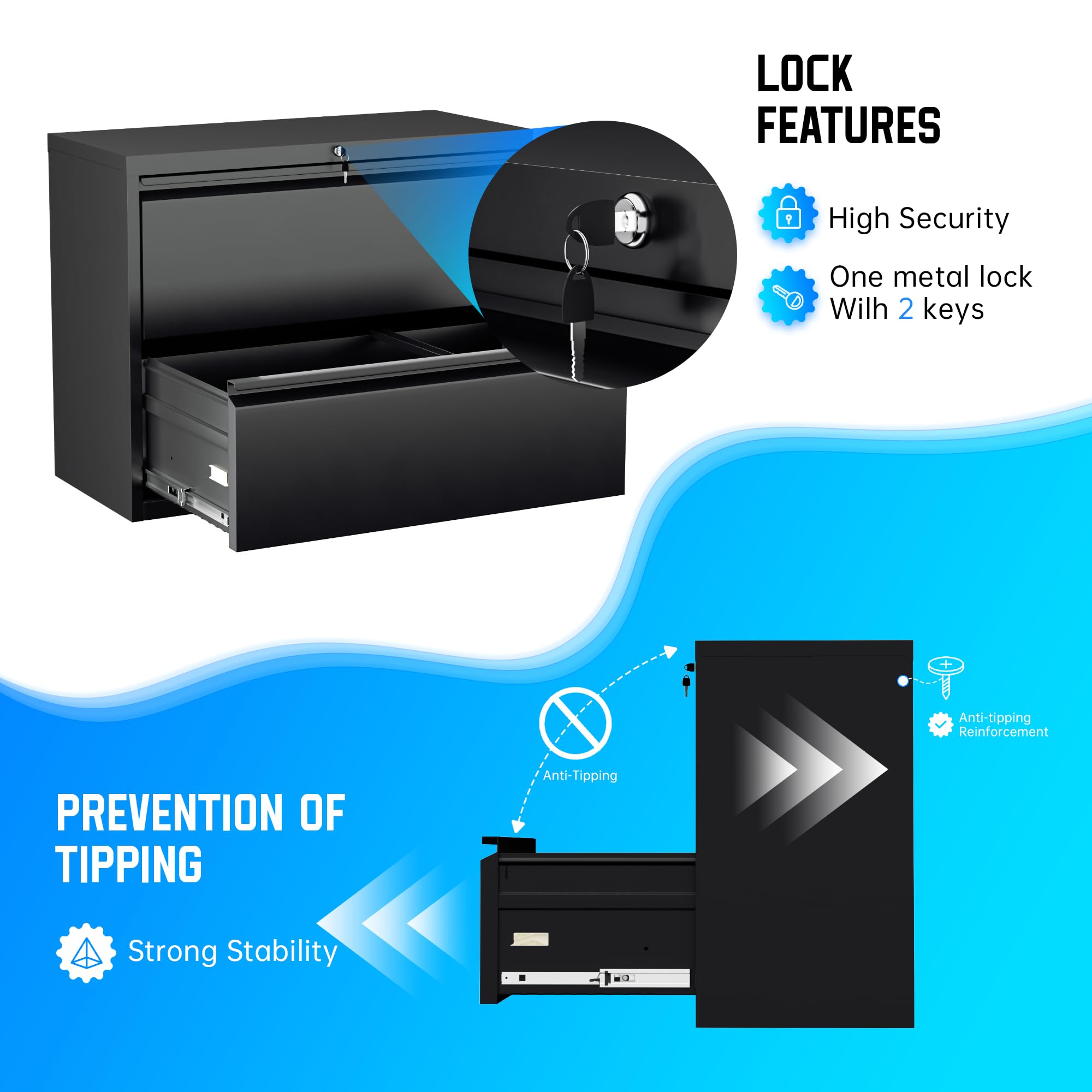 Greenvelly 2 Drawer File Cabinet, Black Metal Lateral File Cabinet with Lock, Office Filing Cabinet for Legal/Letter/A4/F4 Size with Hanging Files&Key, Lockable File Cabinets for Home Office