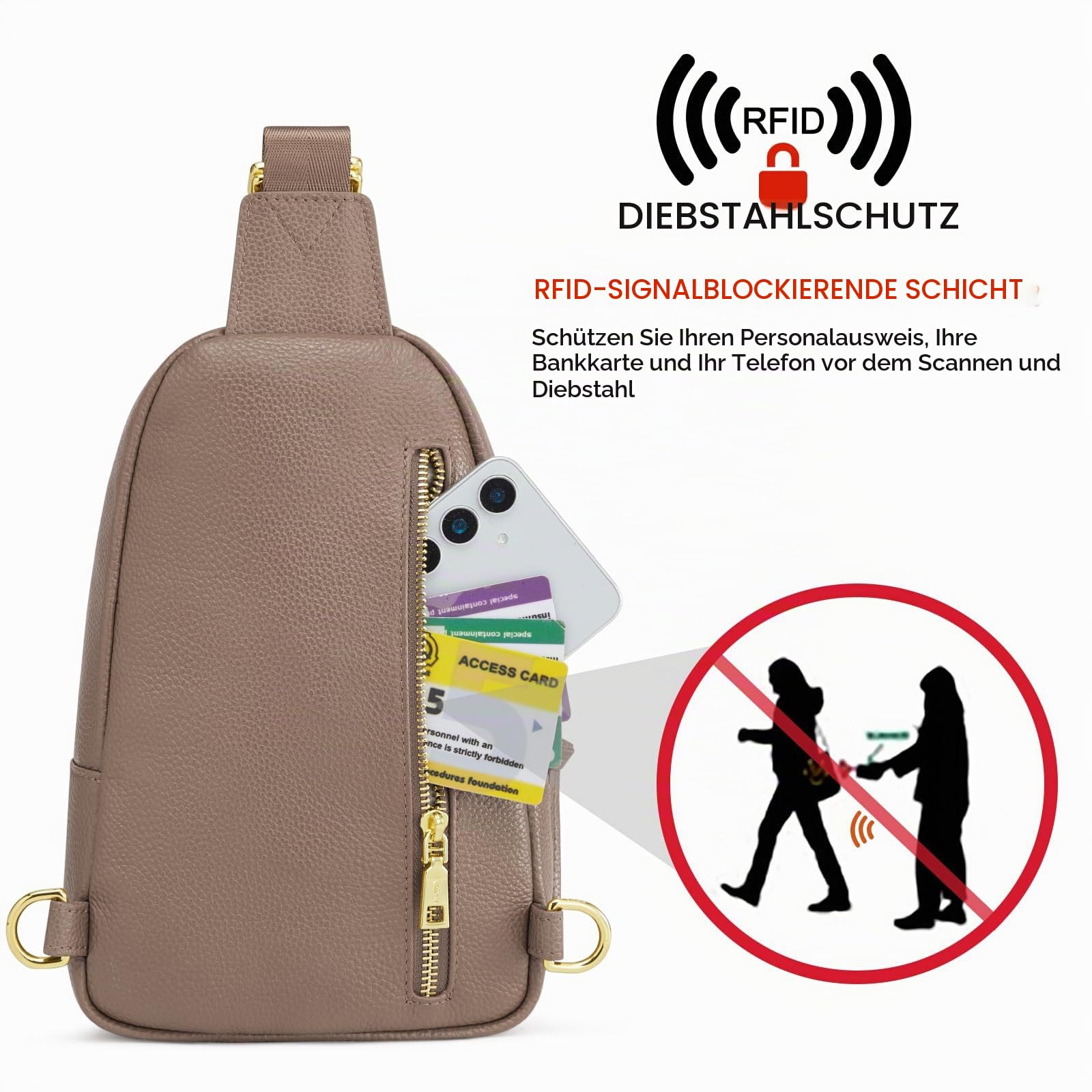 Kattee Sling Bag für Damen Gürteltasche aus Leder Kleine Brusttasche Umhängetasche mit RFID-Blockierung für Reisen und Outdoor | Gürteltasche aus genarbtem Rindsleder. Kleine Brusttasche mit RFID-Blockierung für Reisen