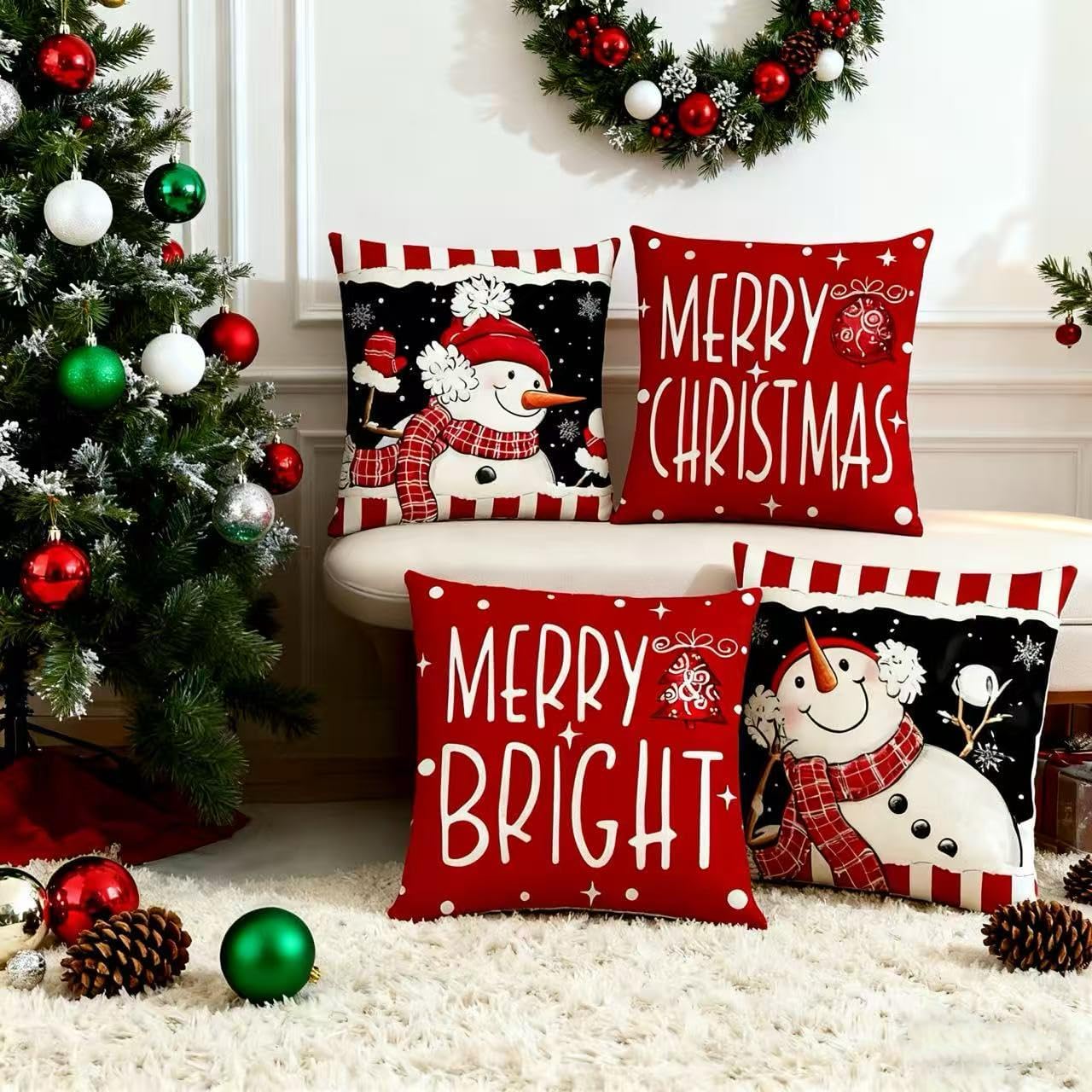 Christmas Pillow Covers 18x18 Set of 16, Holiday Throw Pillow Cases for Couch Sofa Bed, Christmas Decorative Cushion Covers for Home Winter Xmas Decorations
