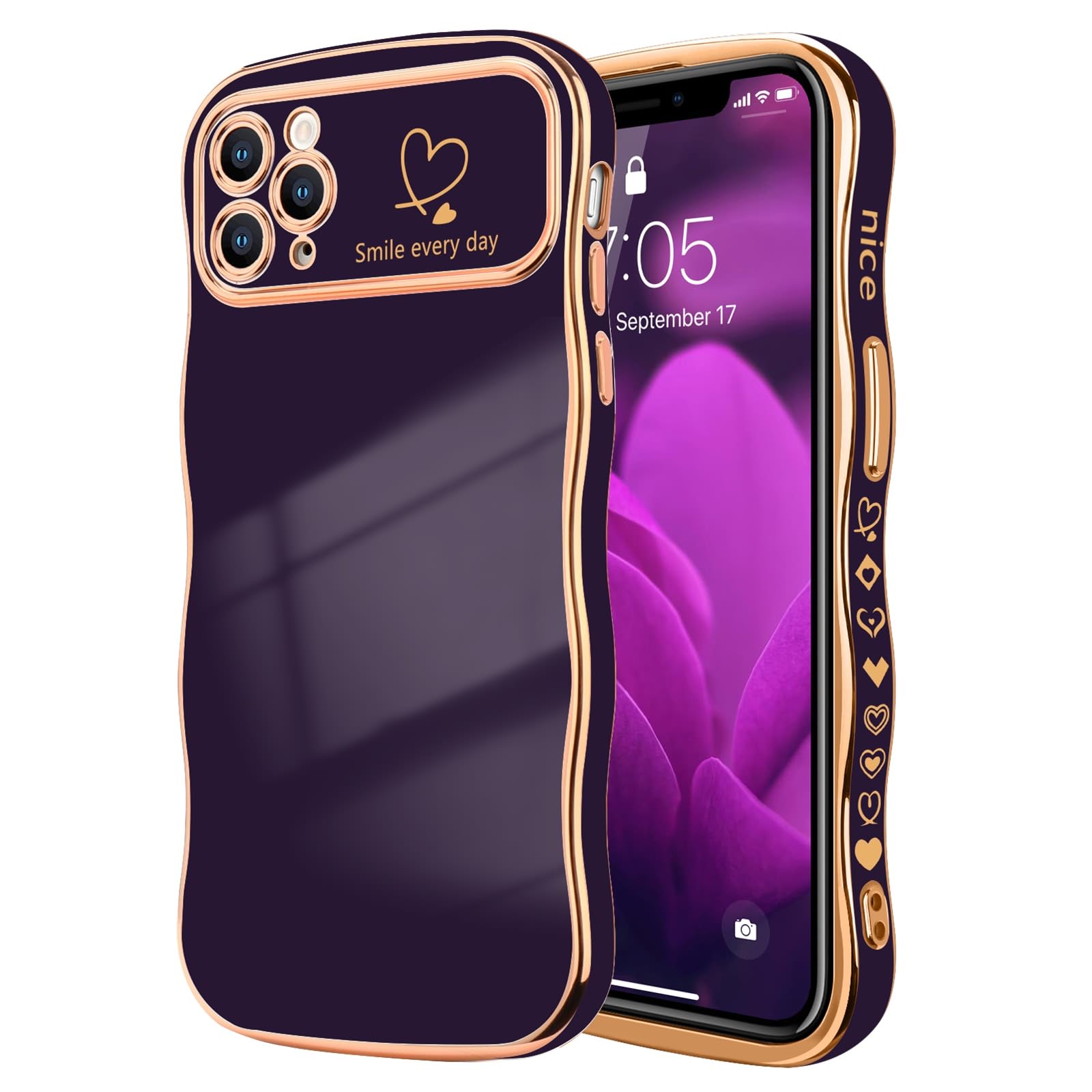 LCHULLE for iPhone 11 Pro Max Case for Women Girls, Cute Wave Frame Curly Shape with Love Heart Raised Camera Protection Cover Luxury Plating