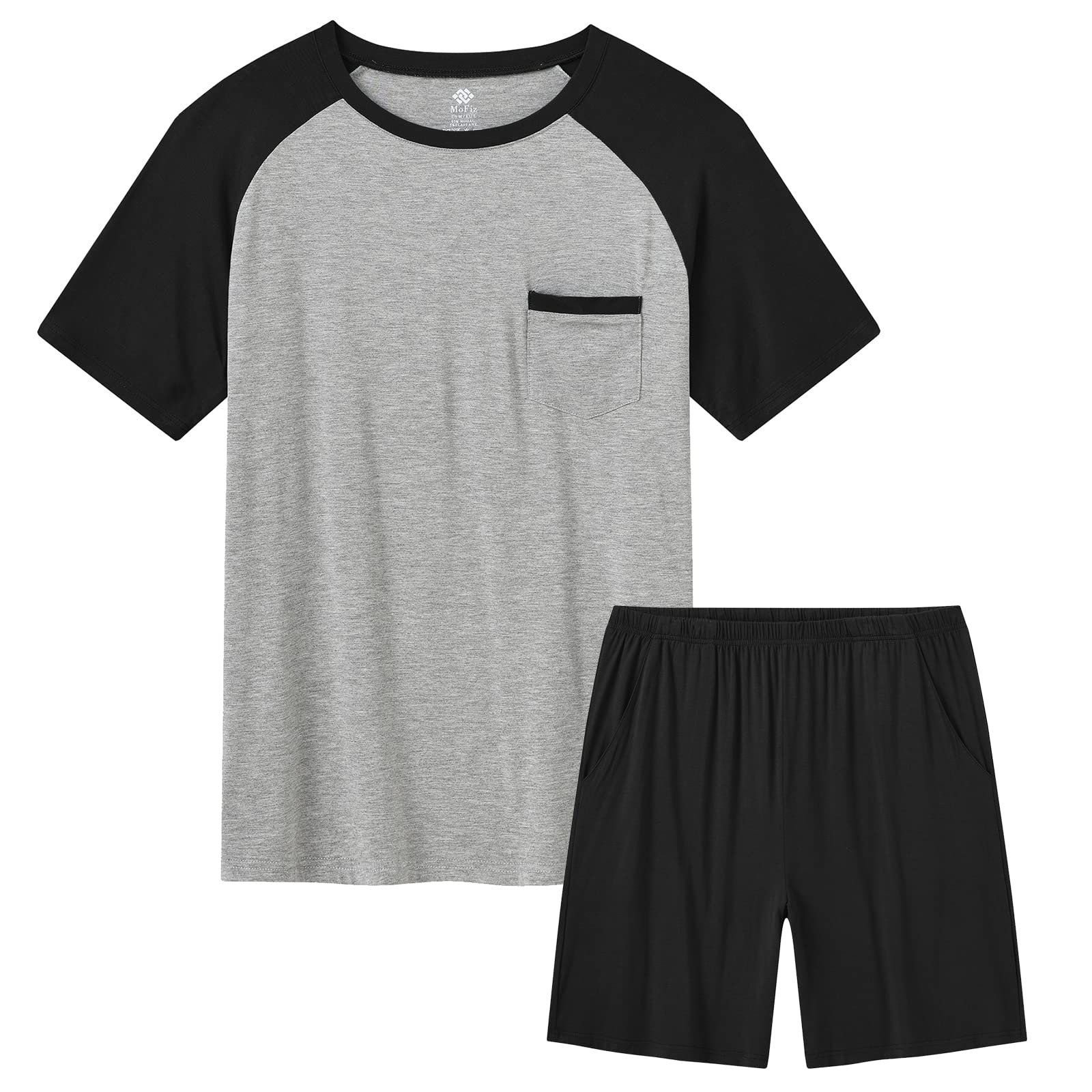 MoFiz Herren Schlafanzug Kurz Pyjamaset Zweiteiliger Set Weich Hausanzug Rundhals T-Shirt und Schlafshorts Sommer Nachtwäsche Freizeitanzug mit Brusttasche