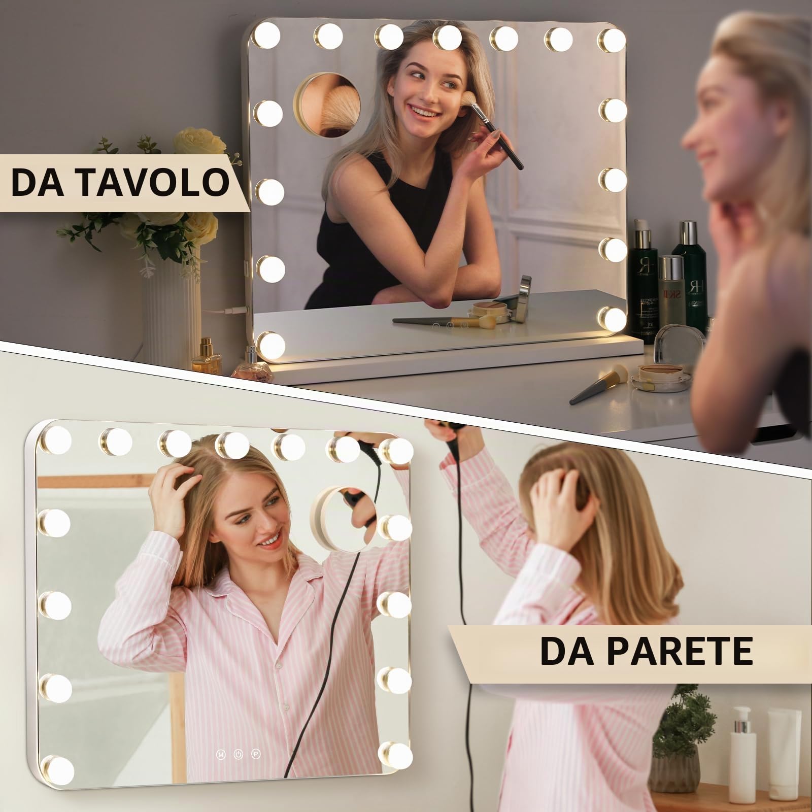 Clevich Hollywood Specchio Trucco con Luci, 58 x 46 cm Specchio con 15 Luci LED, 3 modalità Luce e controllo touch, porta USB, Specchi da parete o da tavolo (Bianco)