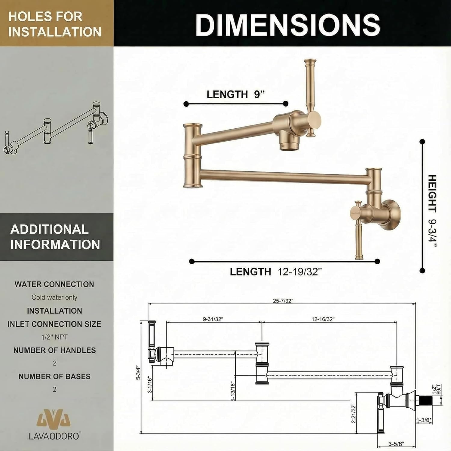 Lava Odoro Champagne Gold Pot Filler, Modern Wall Mounted Folding Pot Filler Kitchen Faucet, Swing Arm Double Joint Stove Faucet, PF317-CB