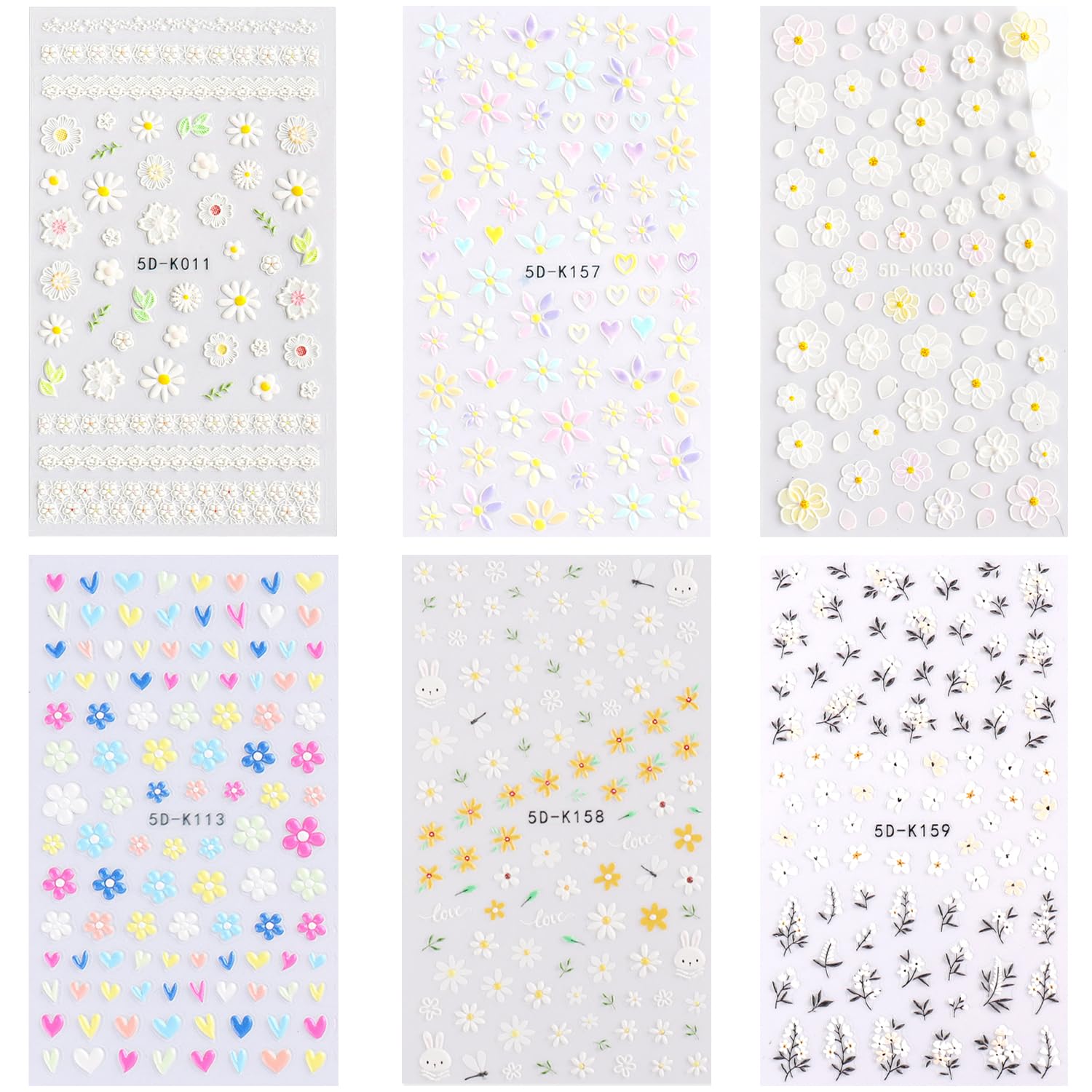 Gvsavy 6 Sheets Of 5D Flower Nail Stickers, Three-Dimensional Embossed Nail Stickers, Colorful Diy Nail Stickers, Spring Nail Art Design, Self-Adhesive Nail Decoration Accessories