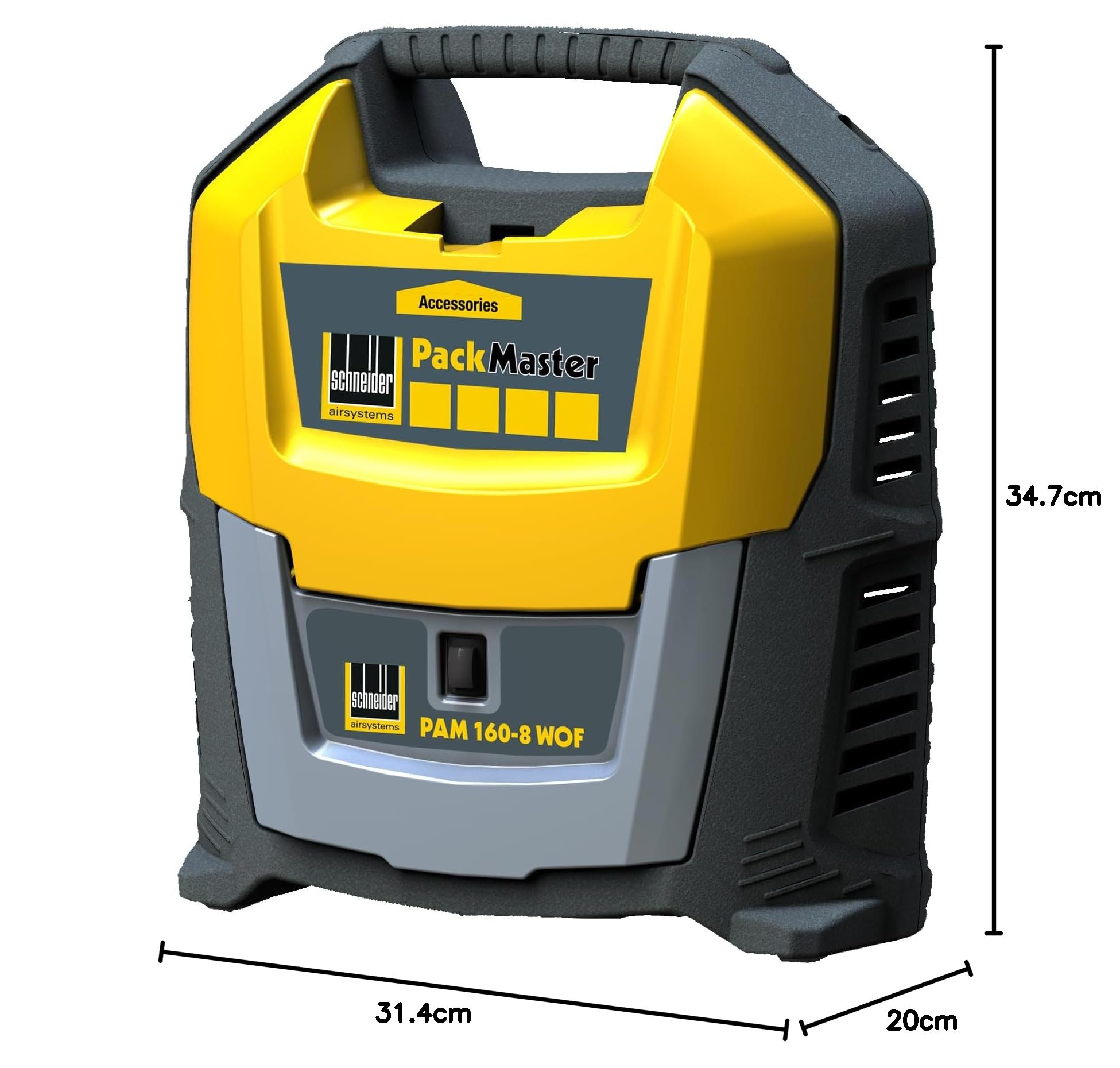 SCHNEIDER PackMaster Tragbarer Kompressor in Kofferausführung 0 Liter, ölfreier Kompressor mit flexiblem Schlauch, maximaler Druck: 8 bar, Leistung: 1,5 PS, Geräuschpegel: 88 dB LwA