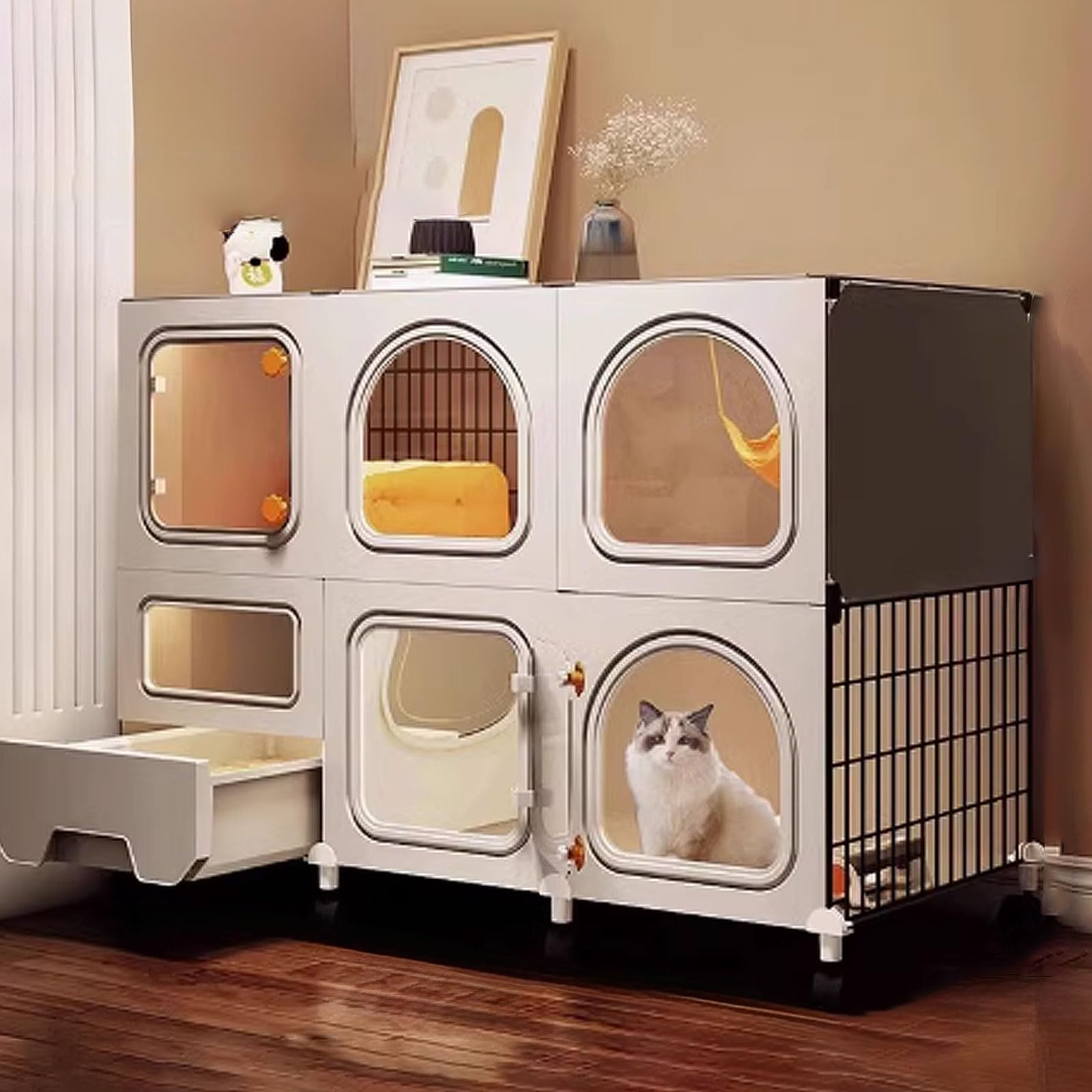 GUQASDV Cat Cages Indoor, Cat Houses, Cat Playpen with Top Cover, Cat Enclosures with Pull-out Litter Box with Upgraded Lock for Balcony(106 * 36.5 * 75cm)