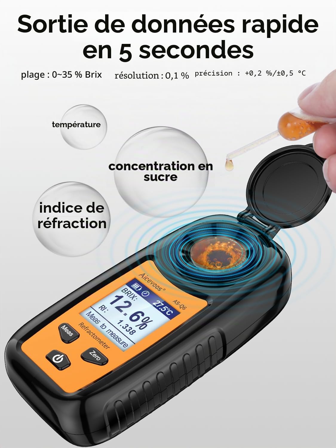 Q6 Réfractomètre Brix numérique, refractometre Sucre, refractometre Alcool Compensation Automatique de la température Réfractomètre Brix Gamme 0-35%，±0.2% Précision