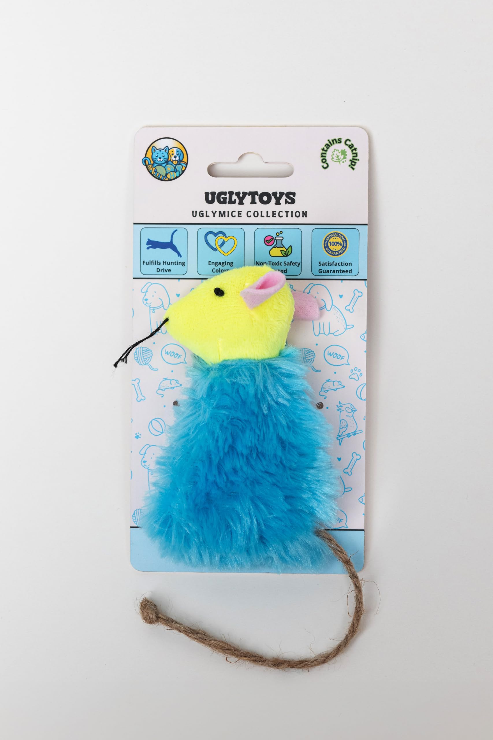 UglyToys USA - UglyMice Collection, Refillable Plush Catnip Mouse Toy for Cats, Blue & Yellow Colors for Visual Enrichment, Hidden Pouch Catnip Included