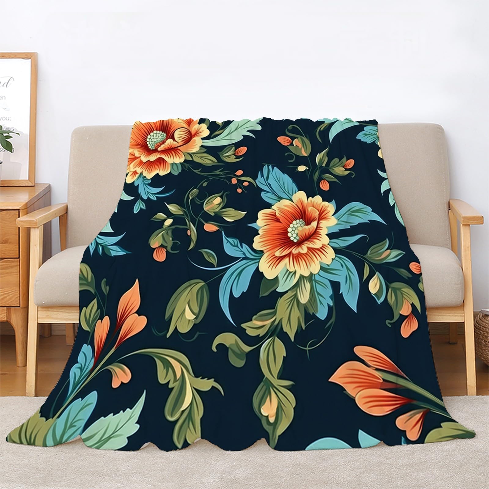 Generisch Puszysty koc do wtulania się w pomarańczowe kwiaty, 200 x 200 cm, miękki i dwustronny, ciemnoniebieski koc polarowy, idealny koc na sofę i łóżko, AL35