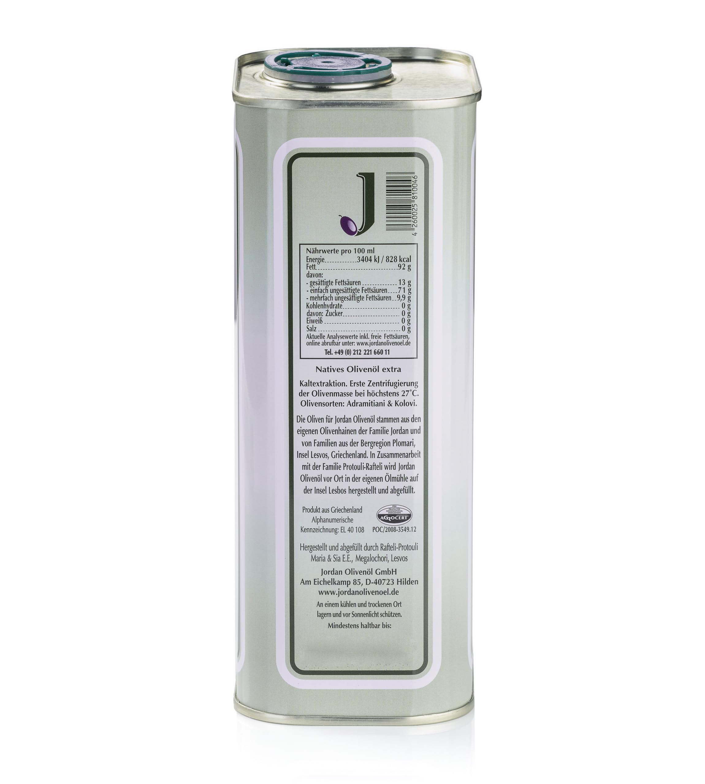 Jordan Olivenöl - Natives Olivenöl Extra von der griechischen Insel Lesbos-traditionelle Handernte -Kaltextraktion am Tag der Ernte -Kanister im traditionellen Retro-Design mit Ausgießer, 1Liter