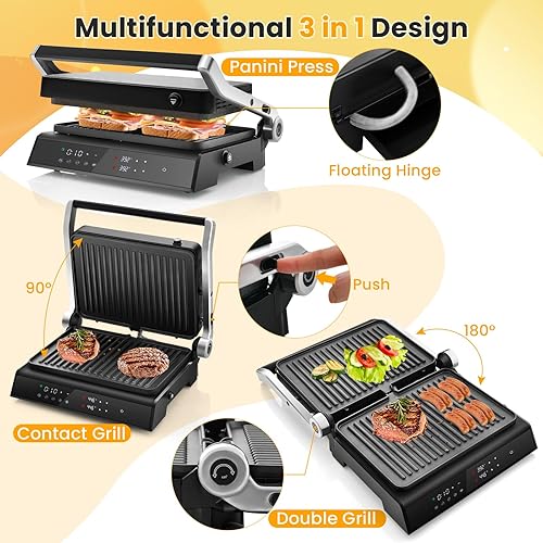 Miniatura 3 de COSTWAY Parrilla eléctrica de prensa Panini, sandwichera gourmet de 1200 W con platos antiadherentes de doble cara y bandeja de goteo extraíble,