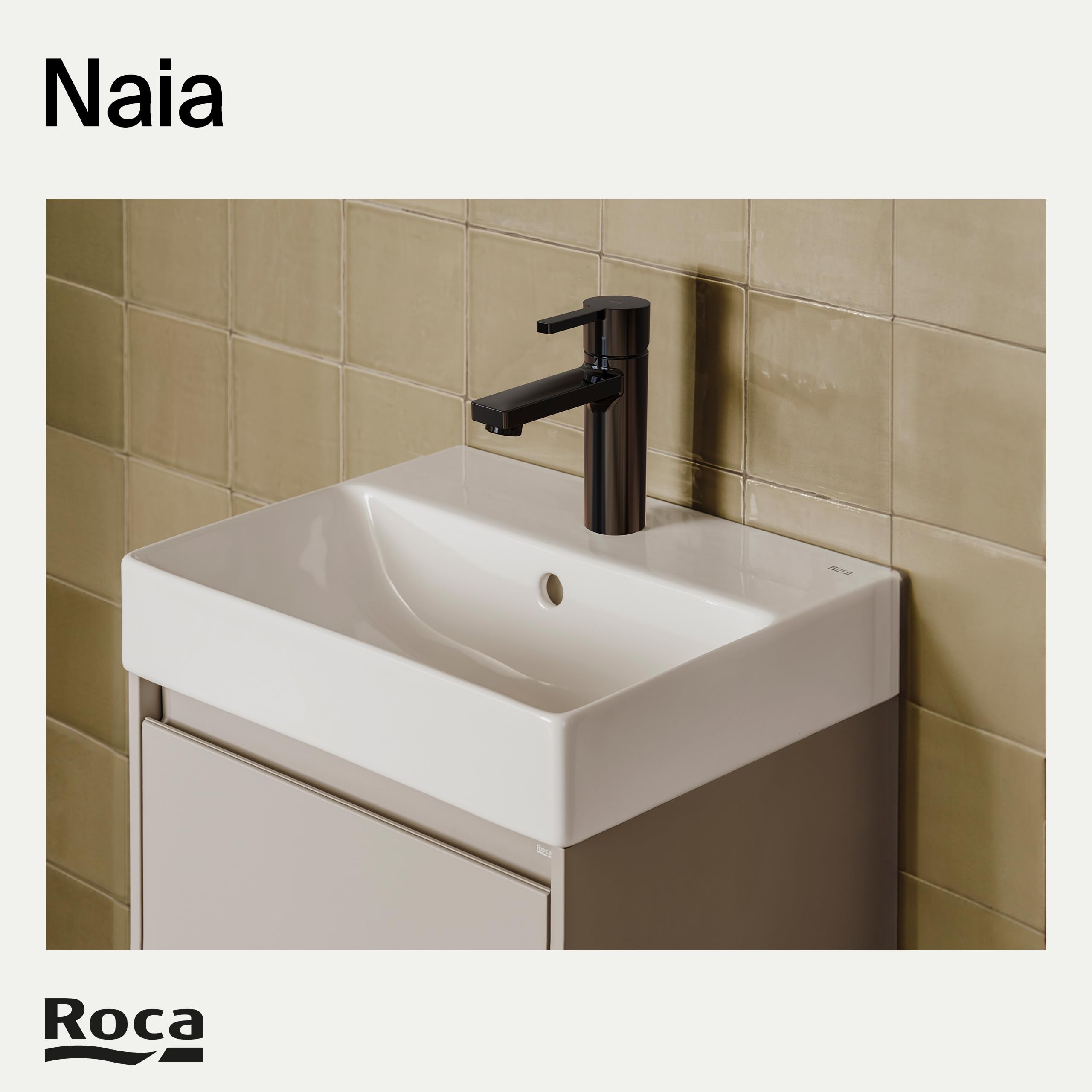 Roca Naia Grifería para lavabo con tecnología Cold Start, grifo monomando de repisa con enlaces de alimentación flexibles, mezclador de cuarto de baño de fácil instalación, negro titanio, A5A3A96CN0
