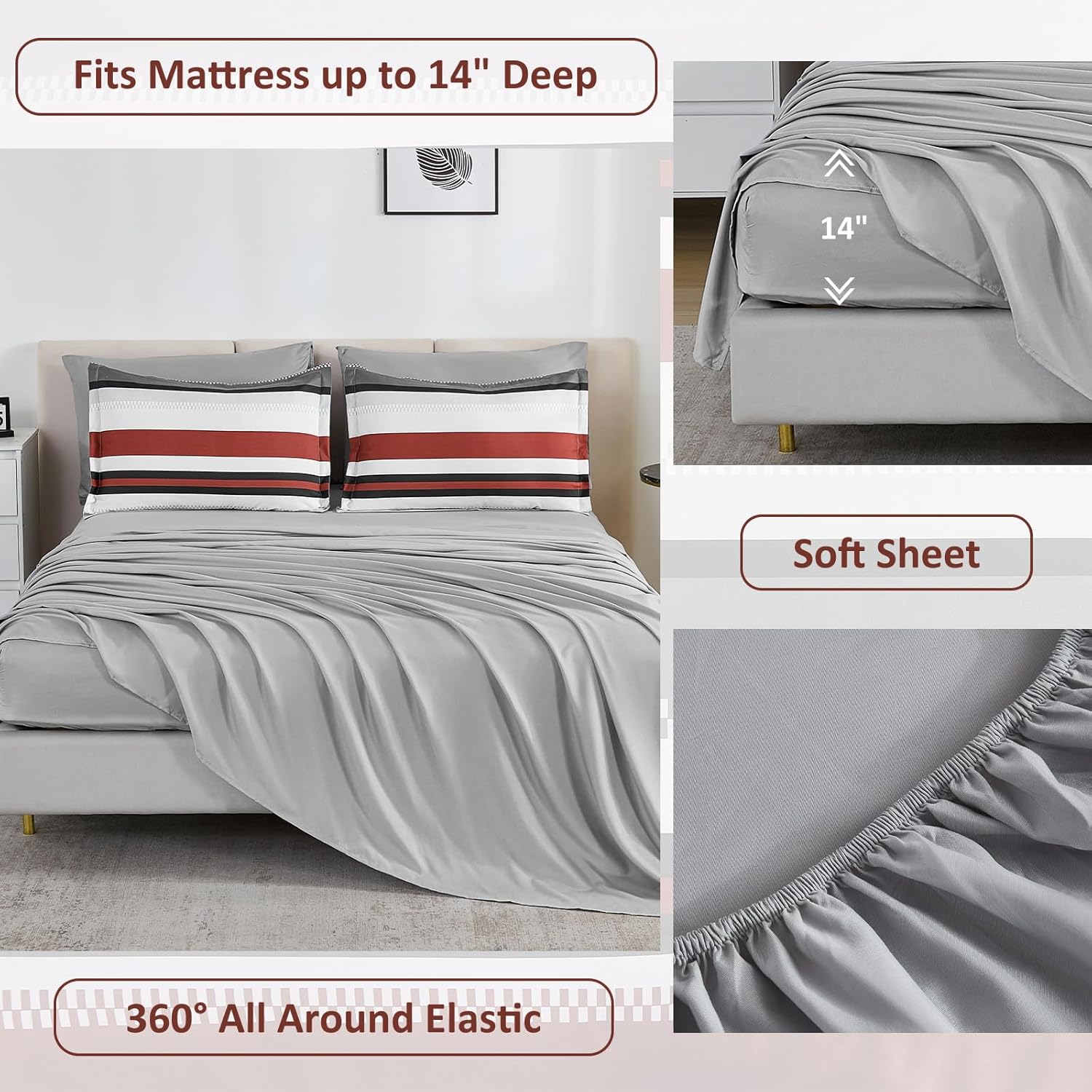 WONGS BEDDING Queen Comforter Set, 7 Pieces Comforter Set Queen, Red Bed in a Bag, Soft Micorfiber Striped Bedding Set with Comforter, Flat Sheet, Fitted Sheet, Pillow Shams, Pillowcase - Image 5