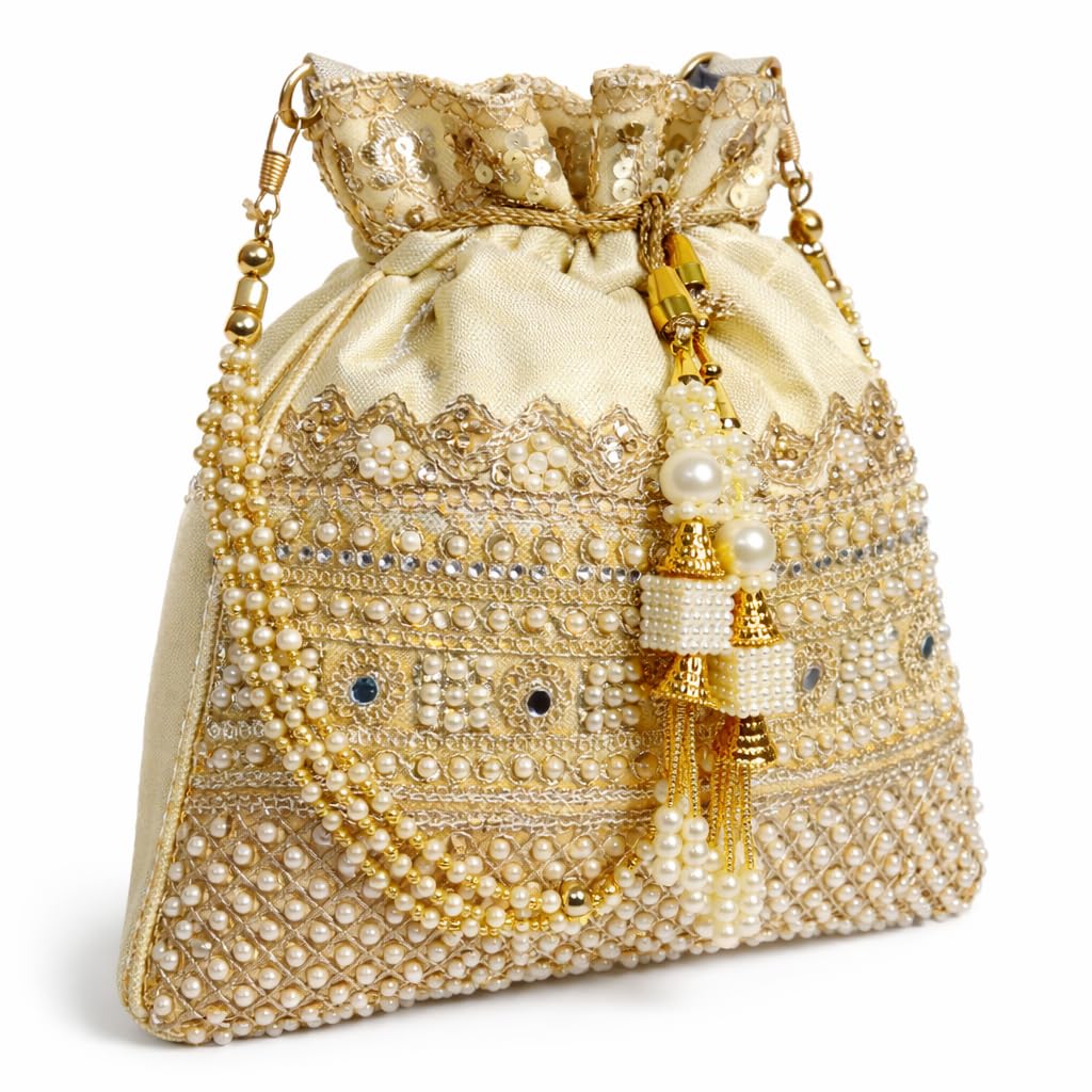 silver Gold Potlis Purse for Women, Pearl Embroidered Bridal Batua Bag, Ethnic Drawstring Handbag for Wedding Party, Fancy Indian Potlis for Bride-image-14