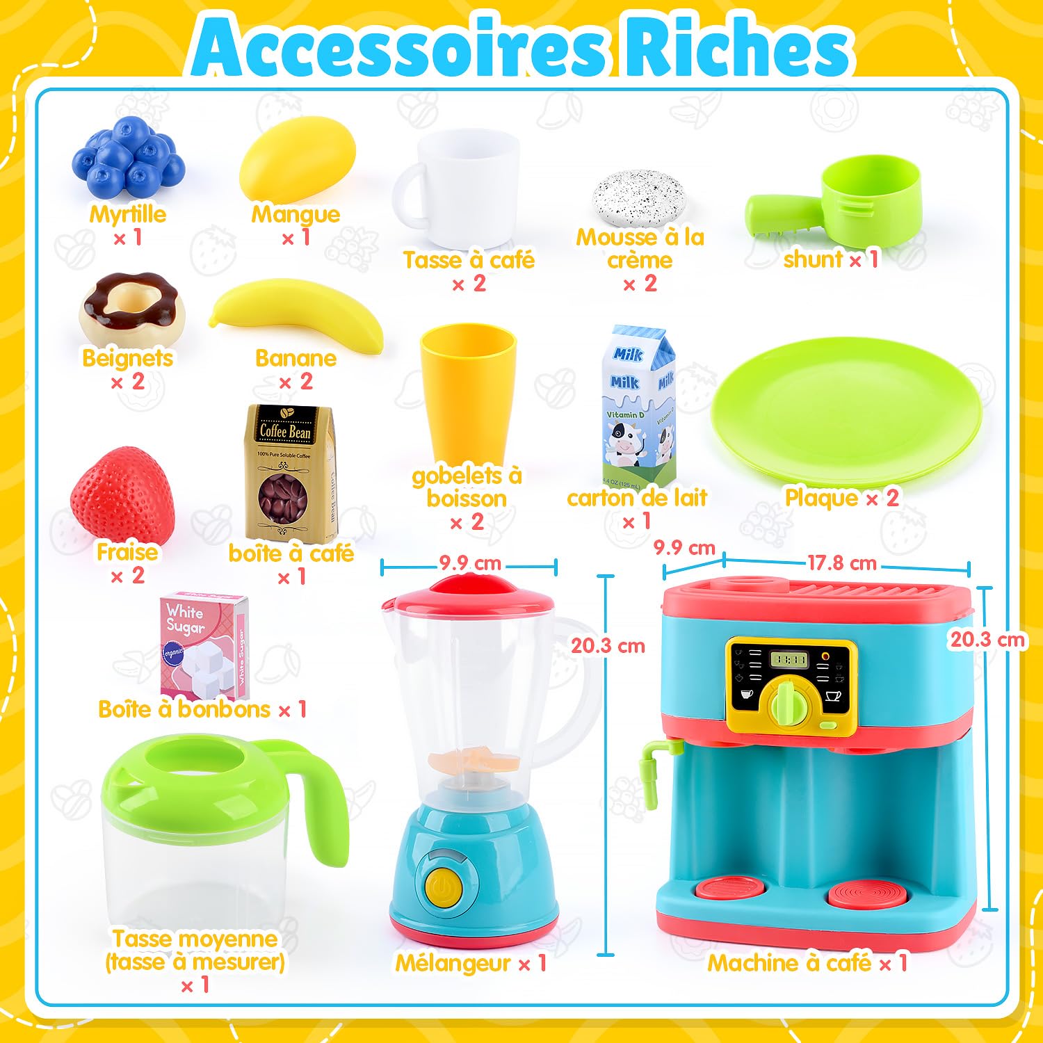 PLAY Accessoire Cuisine Enfant, Set de Ustensile Cuisine Enfant avec Cafetière, Mixer, Jouets Alimentaires, Eclairage et Son Réalistes, Kit Cuisine pour Enfant 3+ Ans