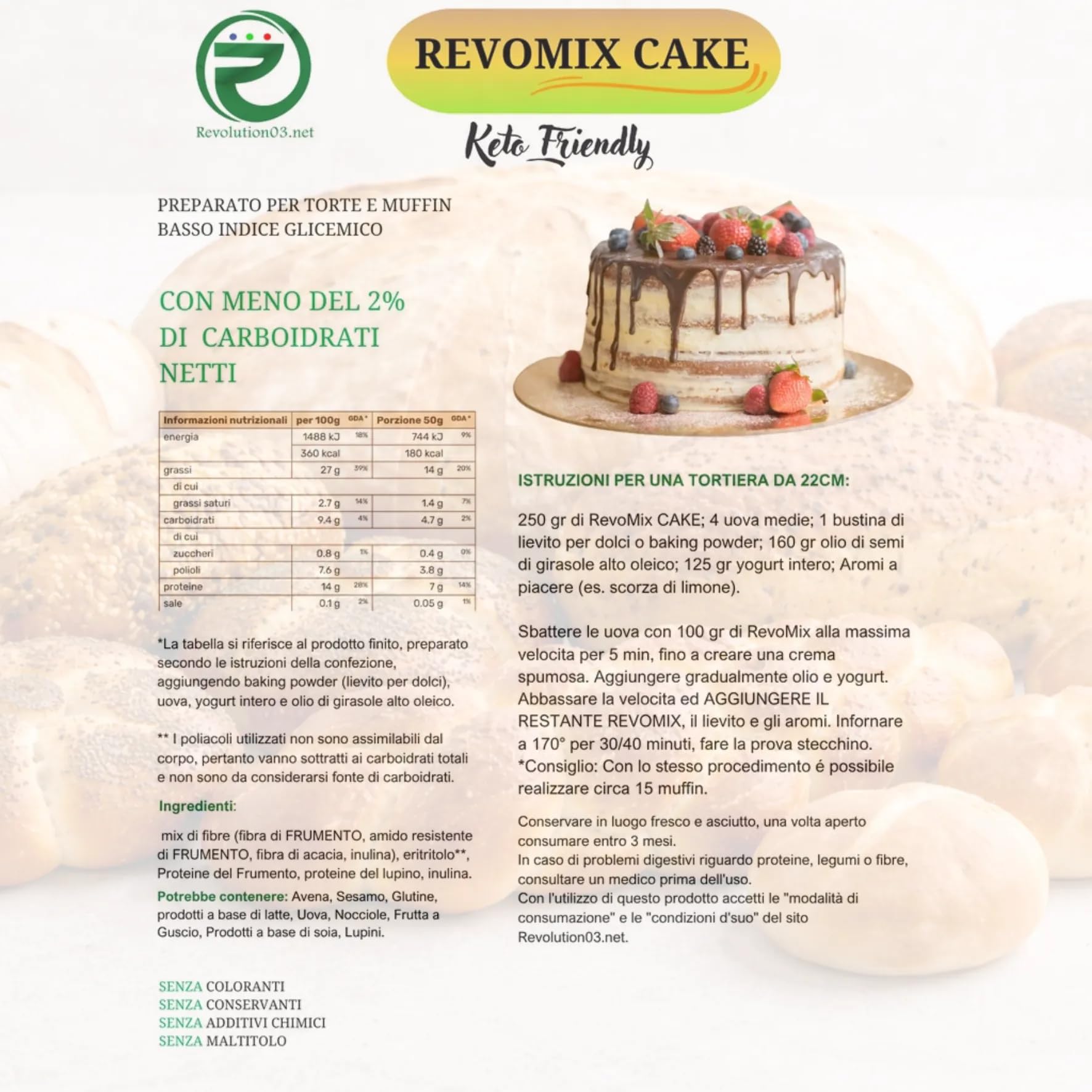 Revomix Cake Low Carb, Preparato per Dolci Keto Friendly, Zero Zuccheri Aggiunti, Senza Lattosio, Senza Coloranti, Senza Conservanti - 2 Confezioni da 1 RevoMix Cake ciascuna - 1 RevoMix Cake 500g