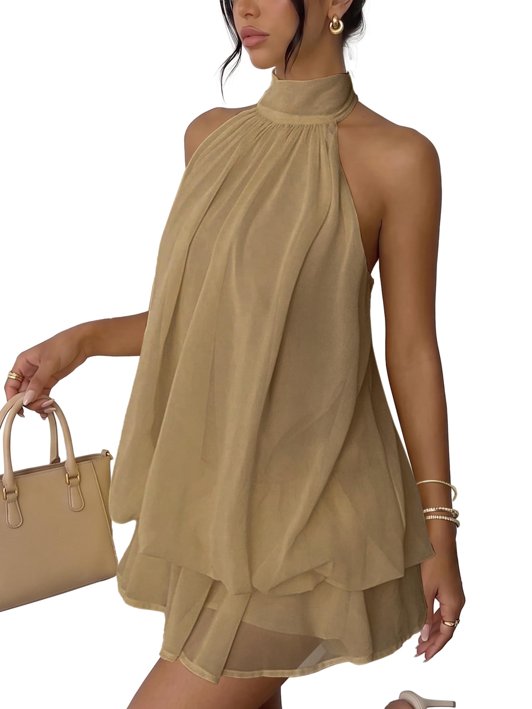Robe Femme Chic et Elegant Été Robes Courte Ample Col Halter sans Manches Sexy Mini Robe Dos Nu à Nouer Casual Robes en Mousseline Volants Fluide Dresses pour Soirée Clubbing Plage Vacances