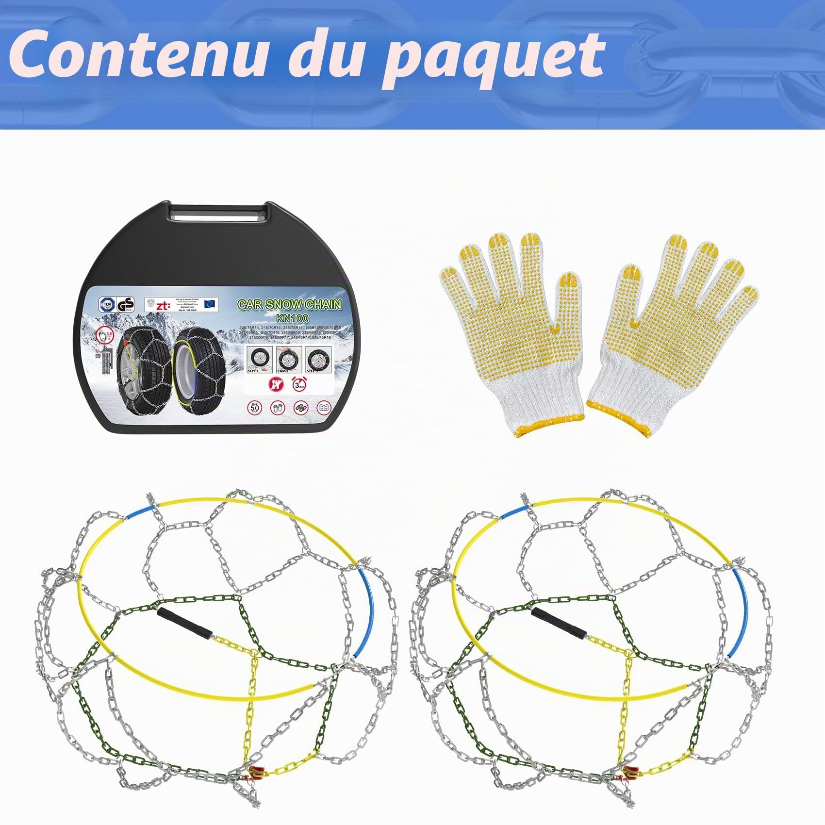 Chaînes Neige antidérapantes Pour Voiture en Acier Allié de 12 mm, Chaînes Neige Durables pour Voiture Avec Tendeur Automatique (taille 100)