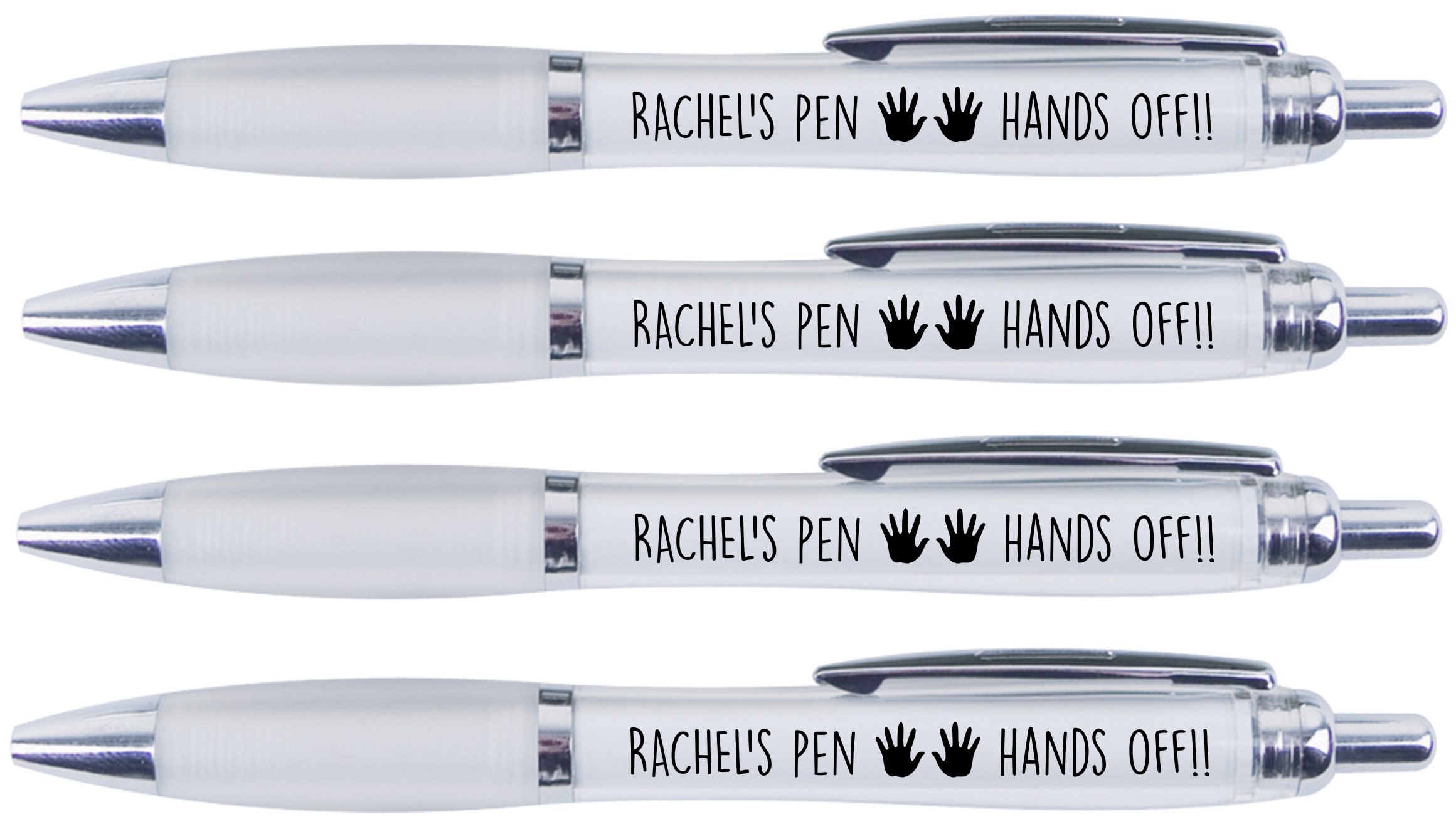 RACHEL'S PEN HANDS OFF!!, 4 PRINTED PENS FOR RACHEL