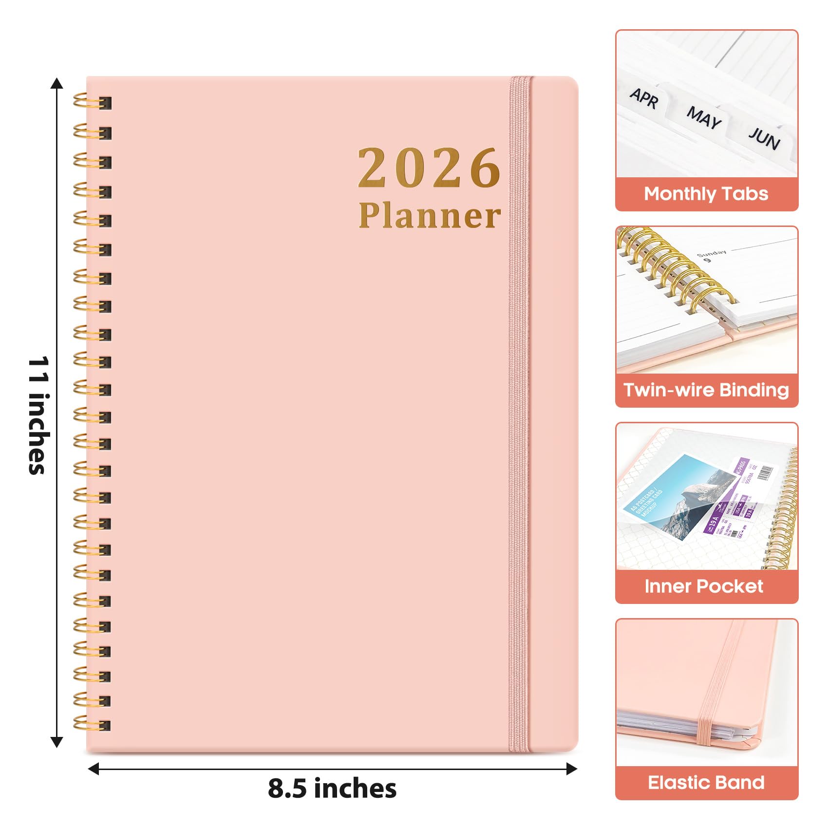 Planer 2026, Wochen- und Monatsplaner, Januar 2026 - Dezember 2026, Hardcover 2026, Kalender Planer Buch mit Registerkarten für Frauen & Männer, Innentasche, Spiralbindung, perfekt für Büro, Zuhause