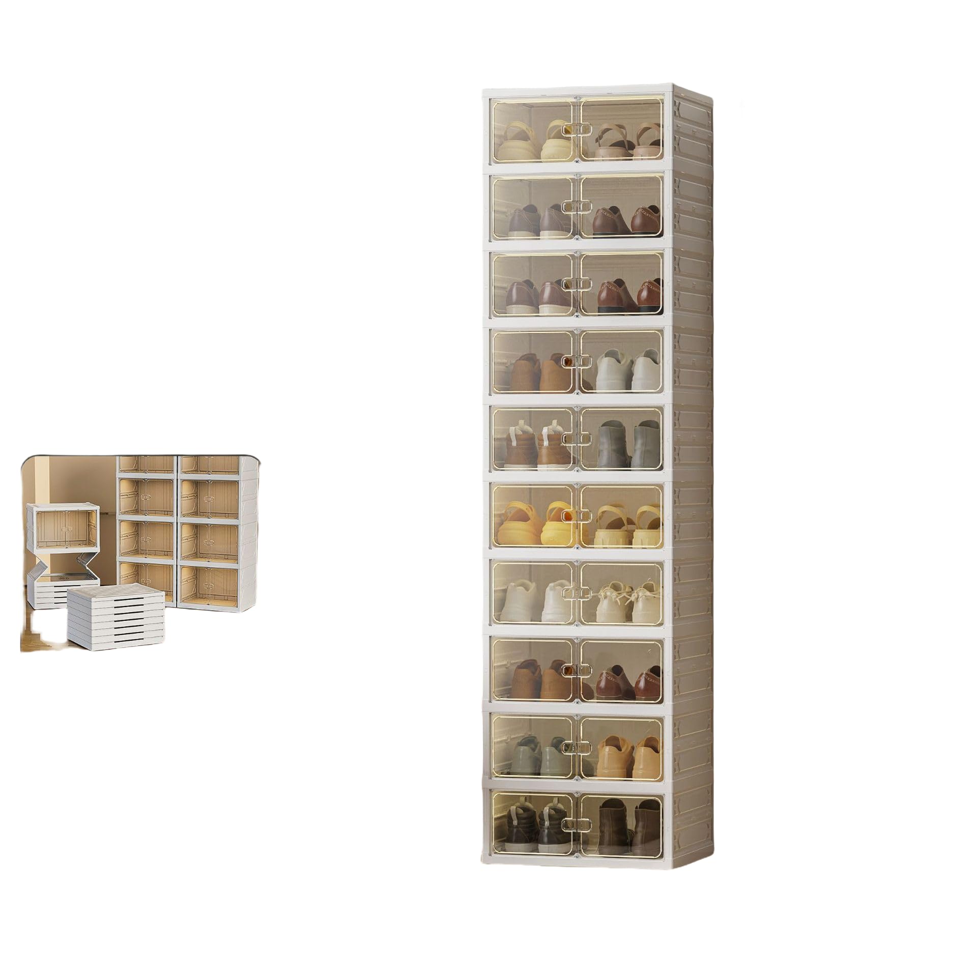 10 Tier Shoe Rack, 20 Pairs, Foldable Shoe Cabinet, Transparent, Stackable Plastic Shoe Boxes with Magnetic Door, Space-Saving, Foldable Shoe Organiser for Shoes, 45 x 35.1 x 174.5 cm