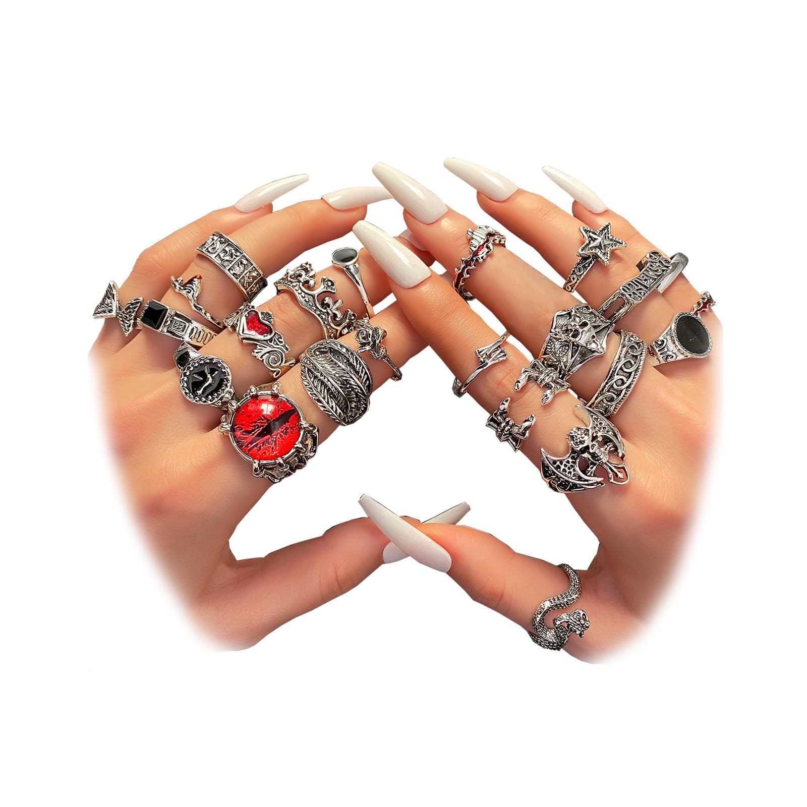 IFKM Vintage Silver Knuckle Rings Set for Women, Stackable Joint Finger Statement Rings Bohemian Retro Hollow Carved Midi Rings, Boho Halloween Skeleton Skull Snake Heart Chunky Stacking Rings Pack