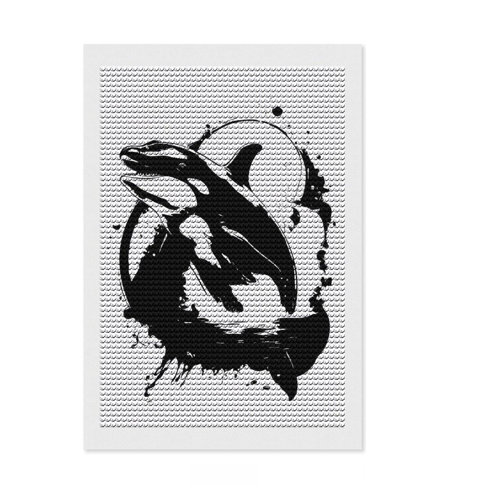 Junmoney Orca Whale Black and White Illustration Diamond Art Canvas 8"x12", Neat Printed Canvas, Mindful Craft Activity, Cosy Home Accent, Festive Craft Gift