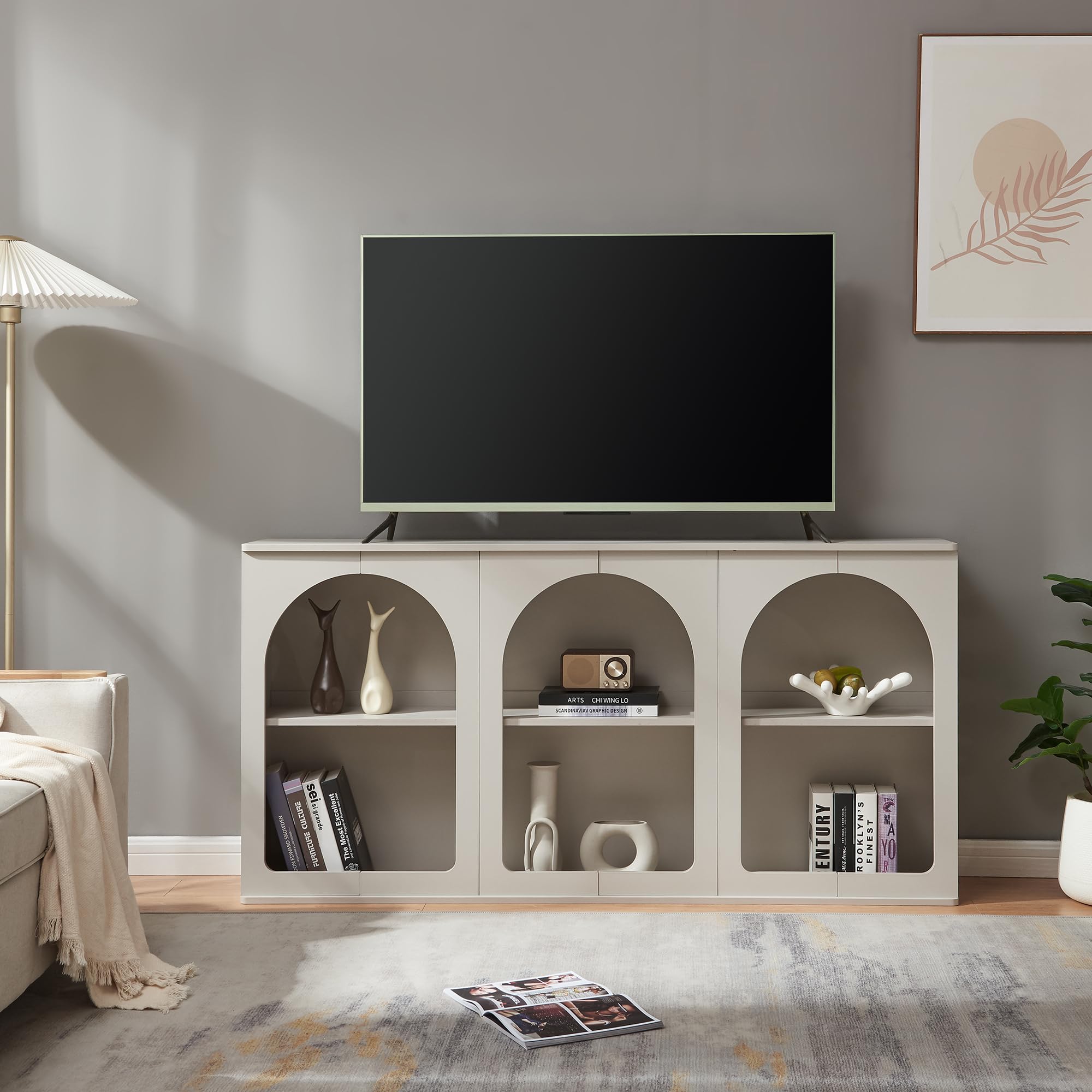 [en.casa] Credenza Mobile Contenitore Espositore Basso con Ripiano Interno e Vani Aperti Comò per Archiviazione Sala da Pranzo Soggiorno Ingresso 160x30x80 cm - Grigio