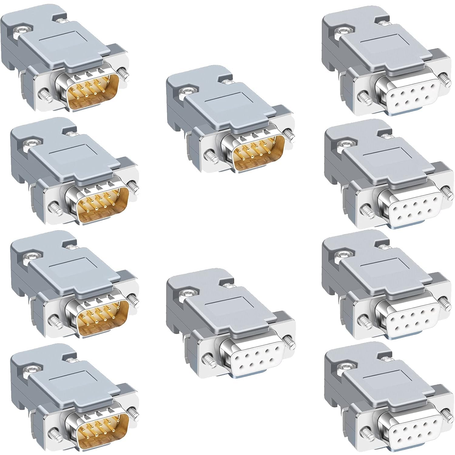 PriEnt - 10PCS DB9 Male Female RS232 D-SUB Serial Solder Cup Connectors Kit, Gold Plated Joints RS232 Serial Solder Type Port 9 Pin D Sub Couplers, Strain Relief Grommet and Screws, 5 pair-image-42