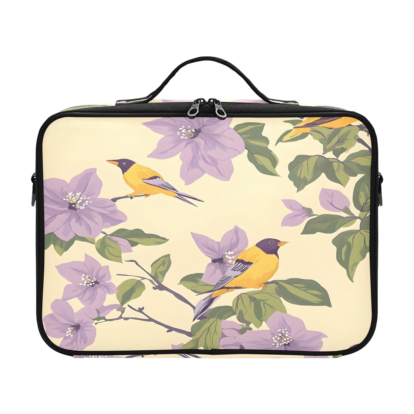 zyrtty Travel Makeup Train Case Purple Flower Bird Pattern Cosmetic Organizer Portable Storage Bag with Adjustable Dividers for Cosmetics Brushes Toiletry Jewelry Digital Accessories