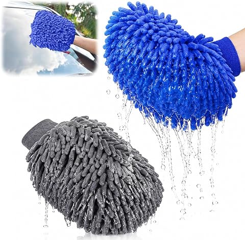 2 Pezzi Guanto Lavaggio Auto in Microfibra – per Pulizia Esterni Auto e Moto, Panno Antigraffio, Accessori Pulizia Autos Professionale, Rimuove lo Sporco Senza Danni alla Carrozzeria,Grigio+Blu