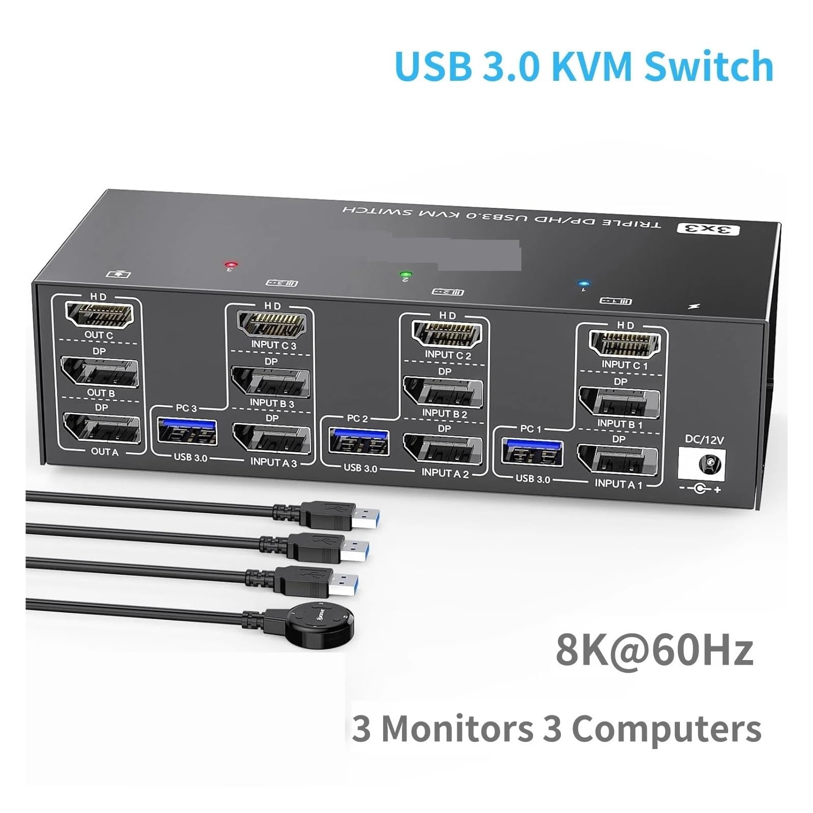 Convertitori video, Switch KVM USB 3.0 3 monitor 3 computer 8K@60Hz 4K@144Hz KVM a triplo monitor con 4 porte USB 3.0 KVM triplo