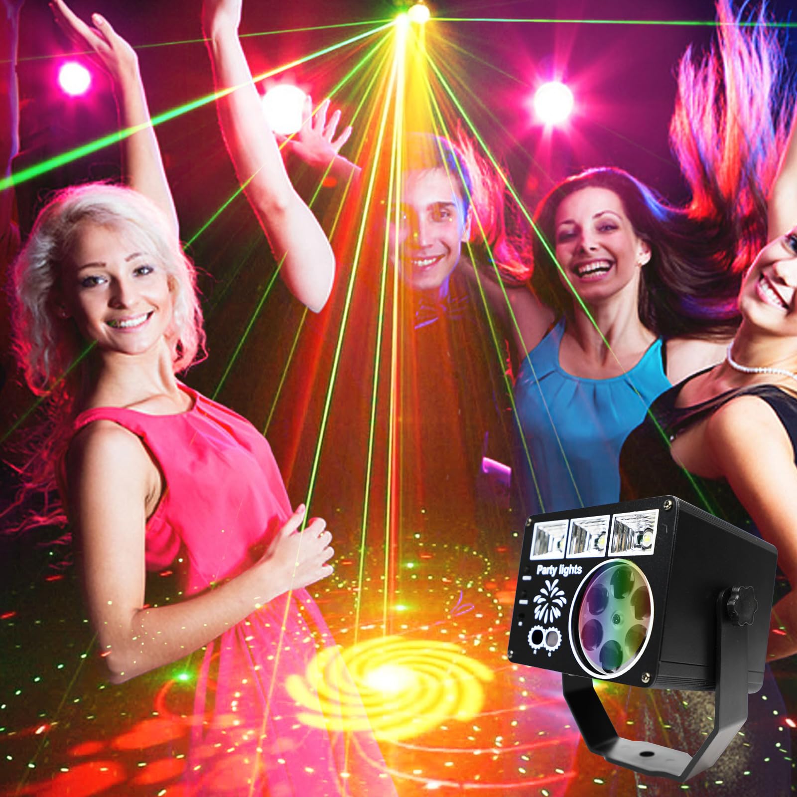 Luces de escenario con haz amarillo y verde, 3 efectos estroboscópicos blancos y patrones LED RGBYW, sincronización de música activada por sonido, control remoto para fiestas de DJ, clubes